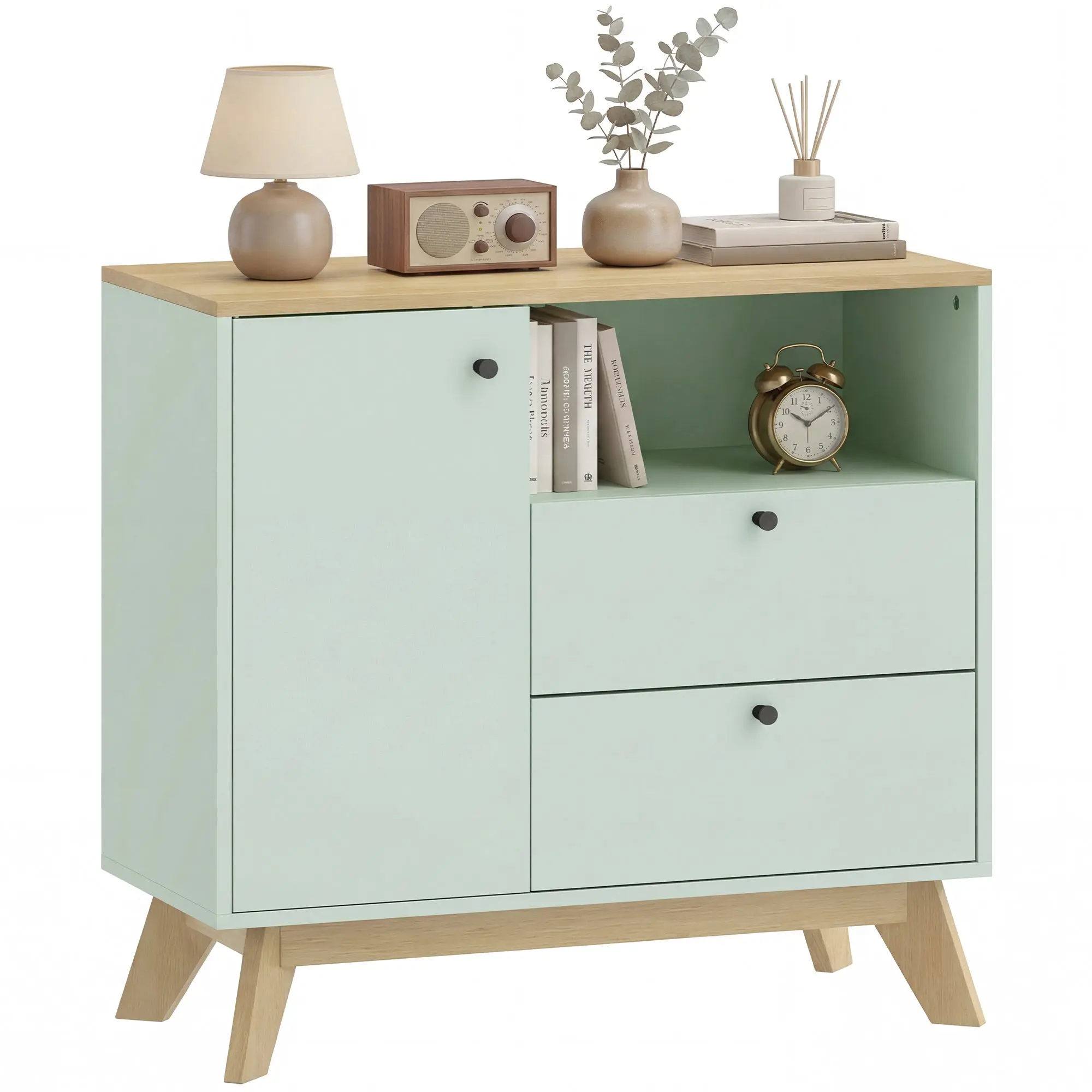 Sideboard Storage Cabinet, 80 cm Modern Buffet Cabinet with Door, 2 Drawers, Open Compartment and Adjustable Shelf for Living Room, Dining Room, Kitchen, Light Green and Oak