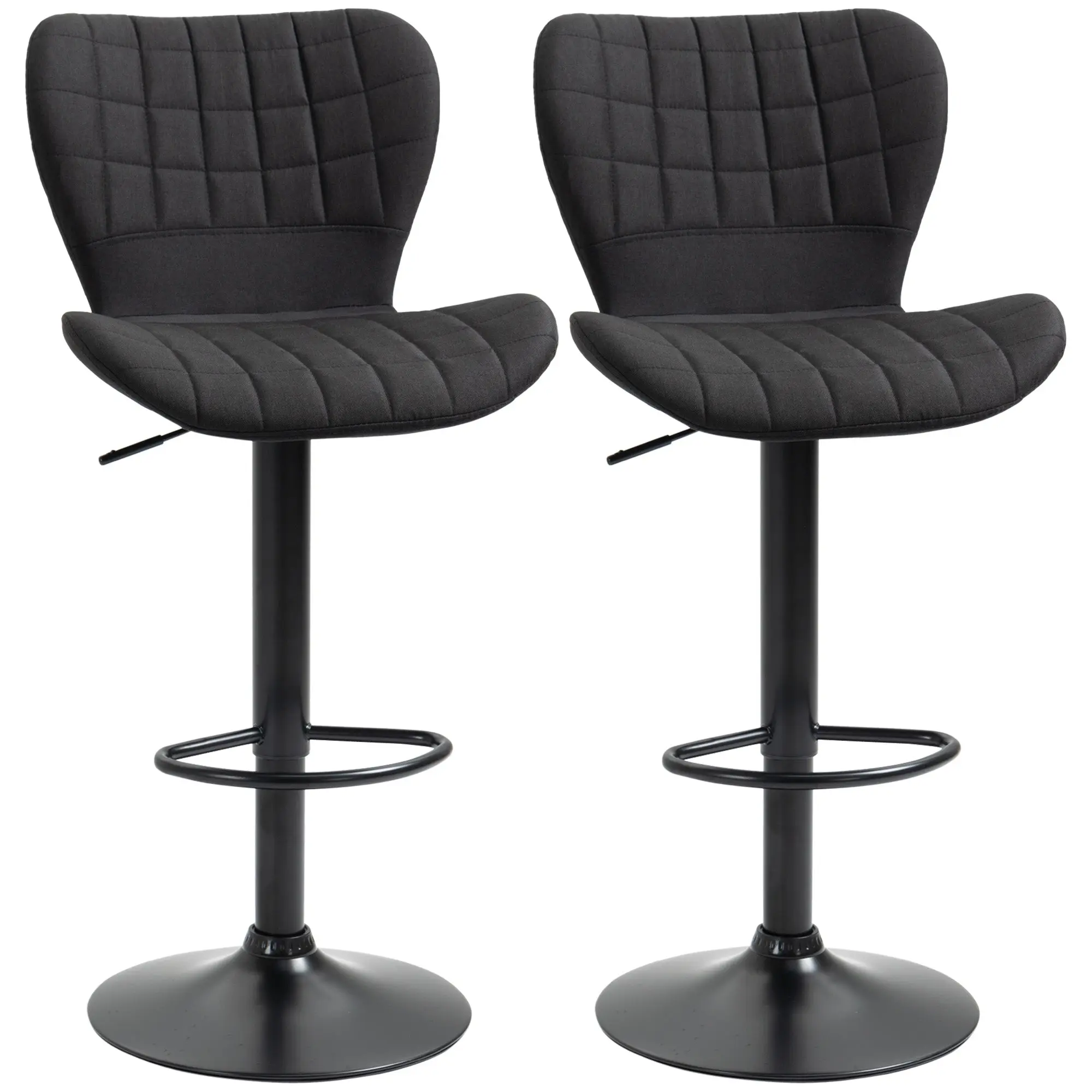 Set of 2 Adjustable Linen Swivel Bar Stools with Wide Seat, Black