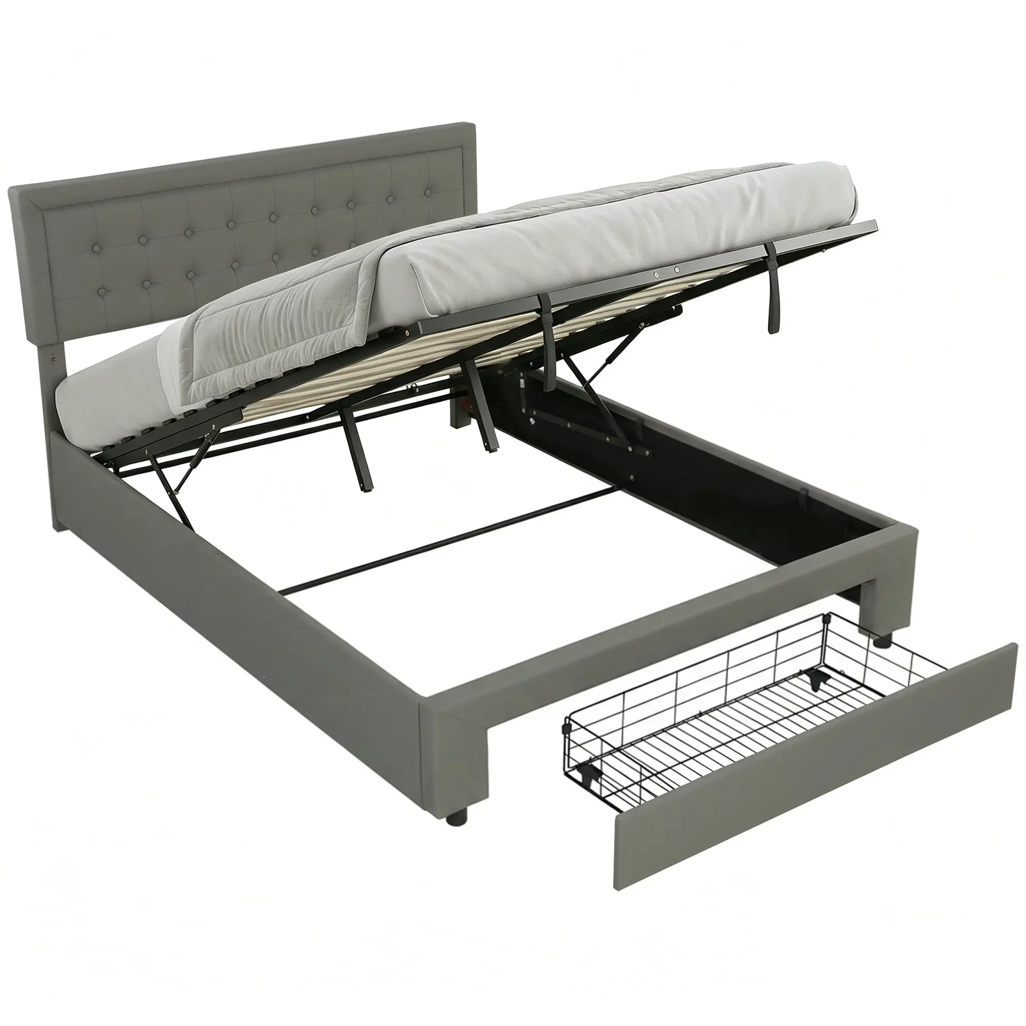 5ft King Ottoman Bed with Gas Lift Storage Drawer and Adjustable Headboard, Grey