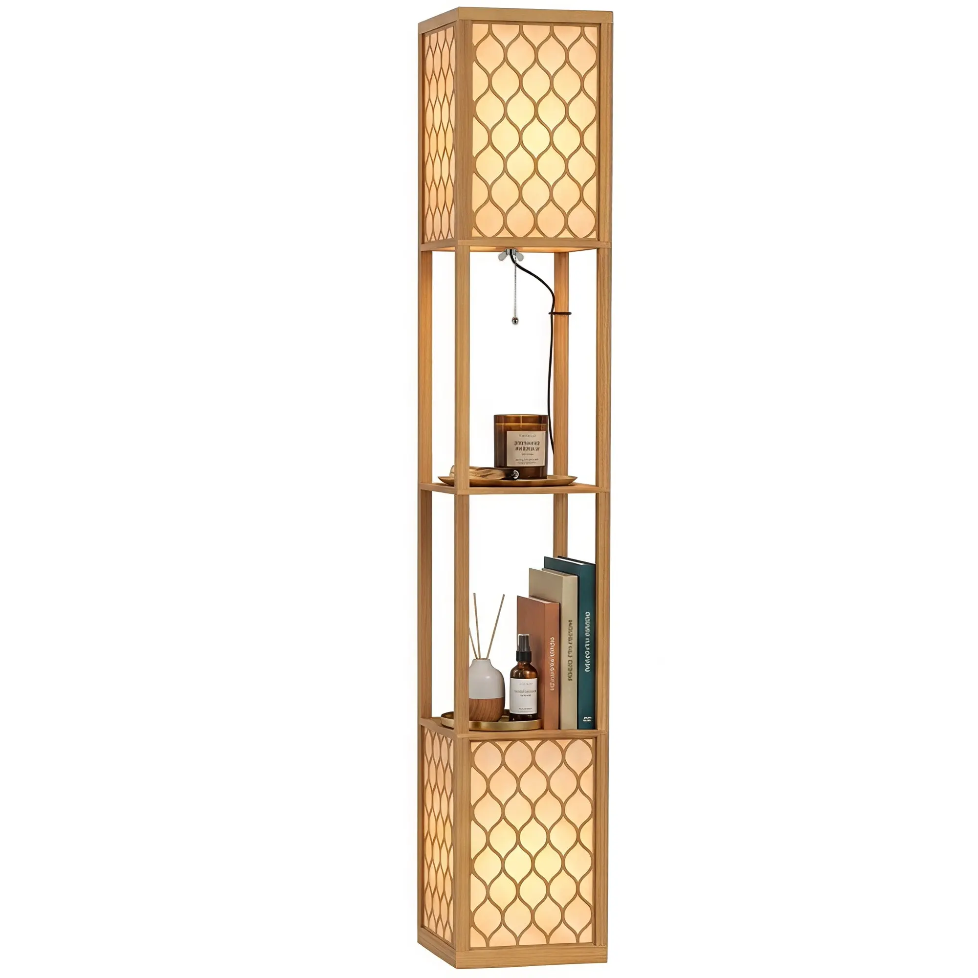 Tall Floor Lamp with Shelves, Two-Way Lighting and Fabric Shades, Natural Wood