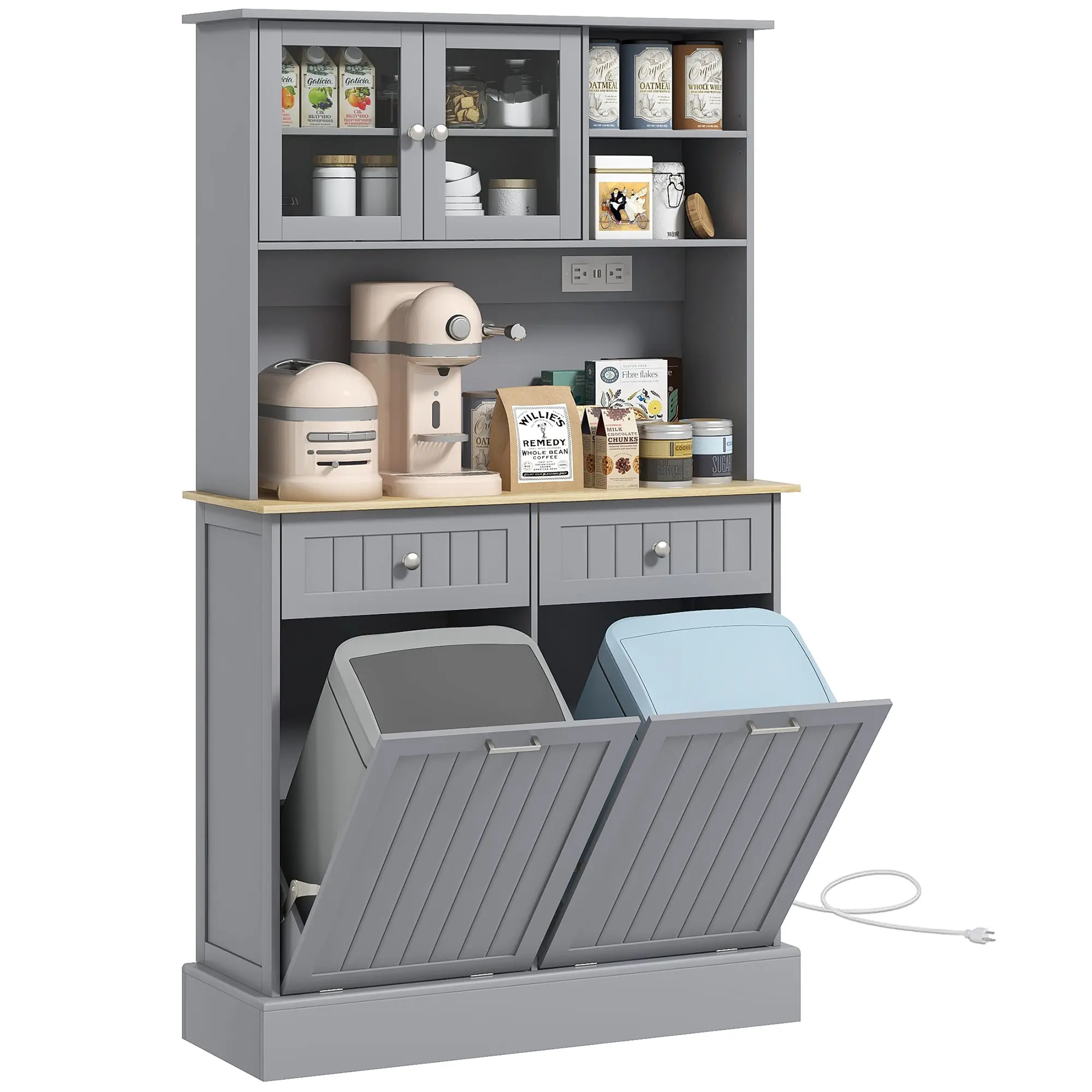 68" Kitchen Cabinet with Charger, 2 Tilt-Out Doors & Microwave Stand, Gray