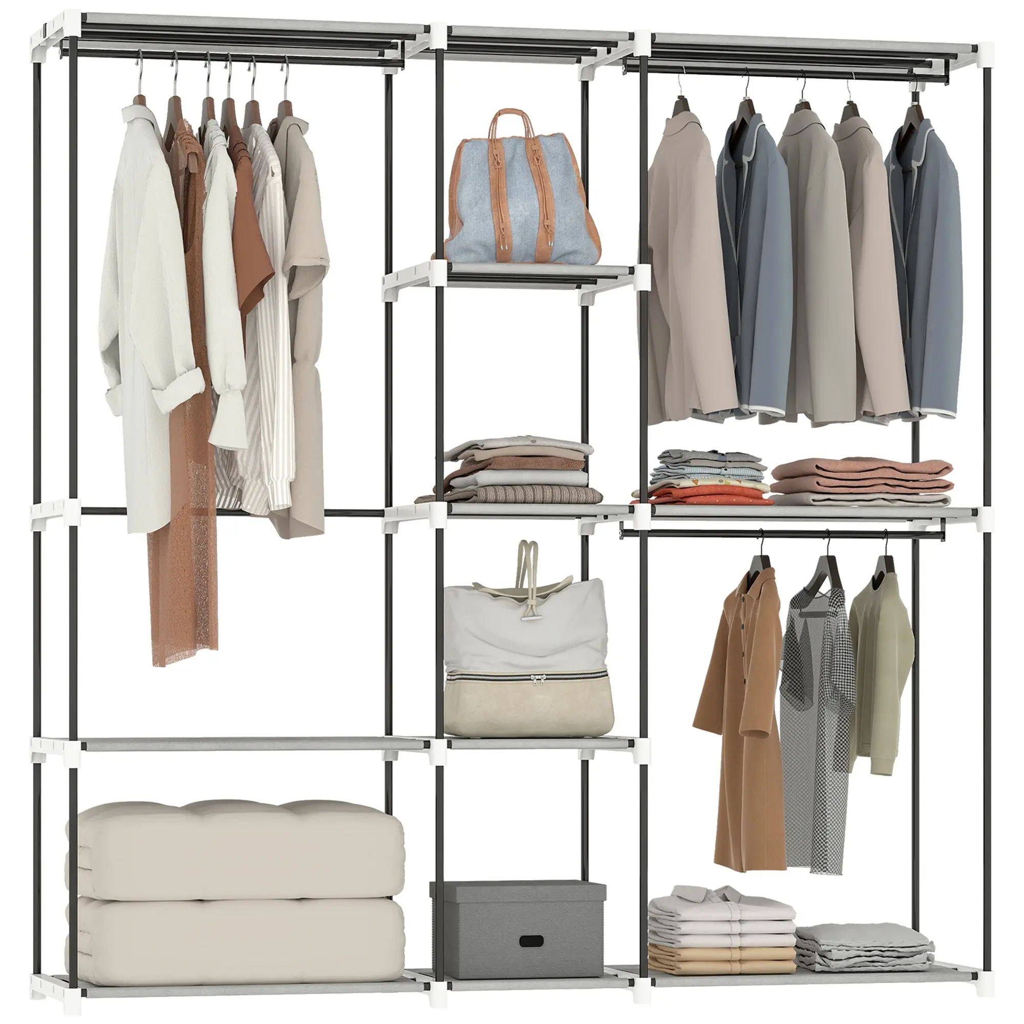 Freestanding Portable Wardrobe with 3 Hanging Rails & 8 Shelves, 182 x 43 x 185 cm, Light Grey