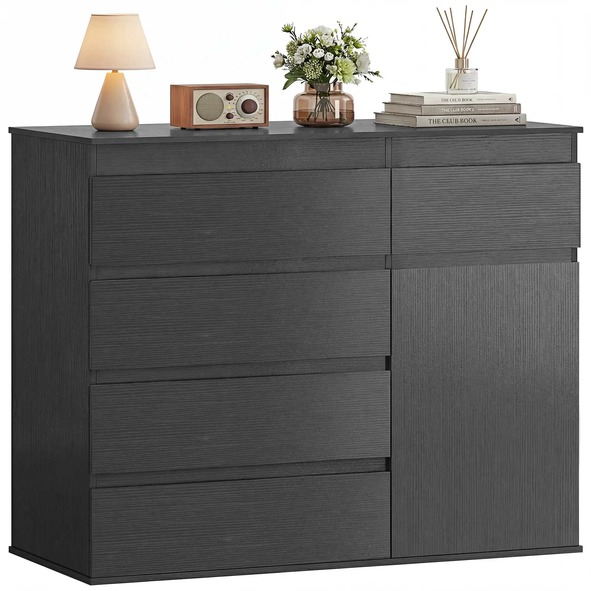 Modern Sideboard Storage Cabinet with 5 Drawers, Adjustable Shelf, Soft-Close Door, Storage Cupboard Black