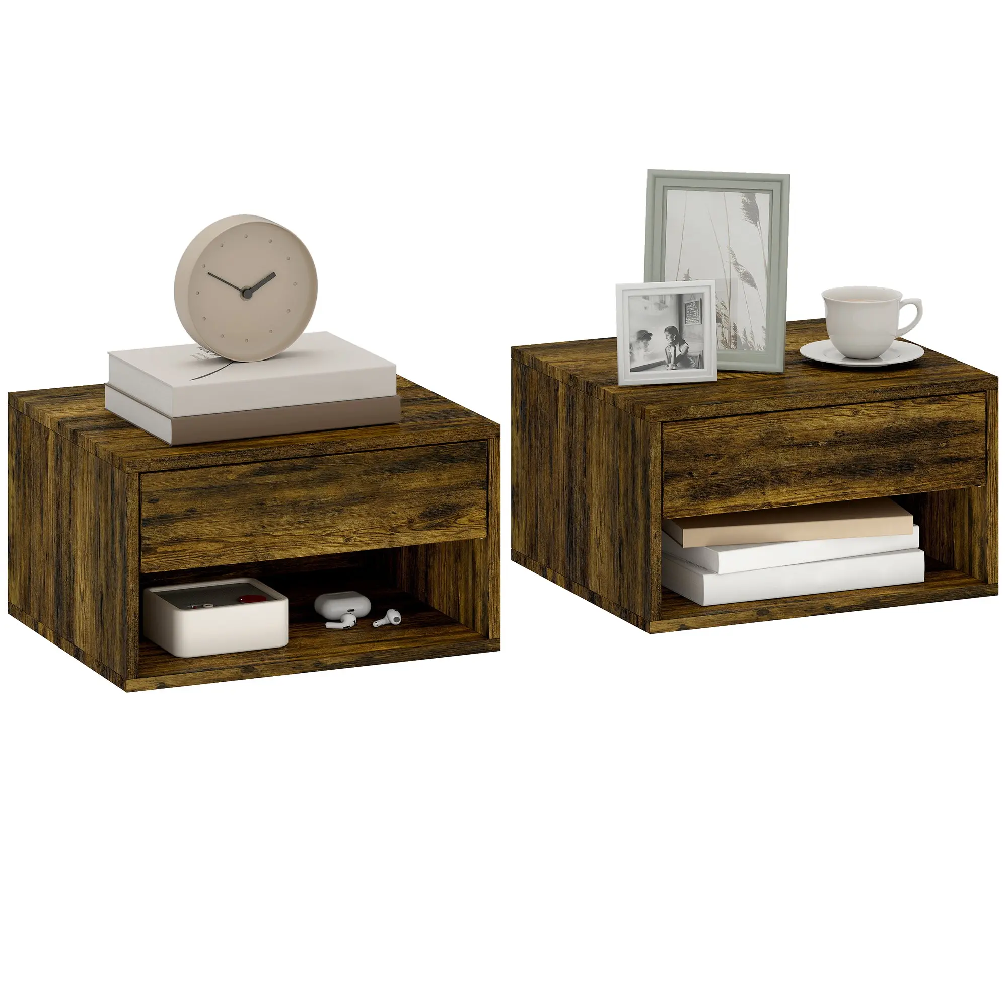 Floating Bedside Tables Set of 2 with Drawer & Open Shelf, Rustic Brown