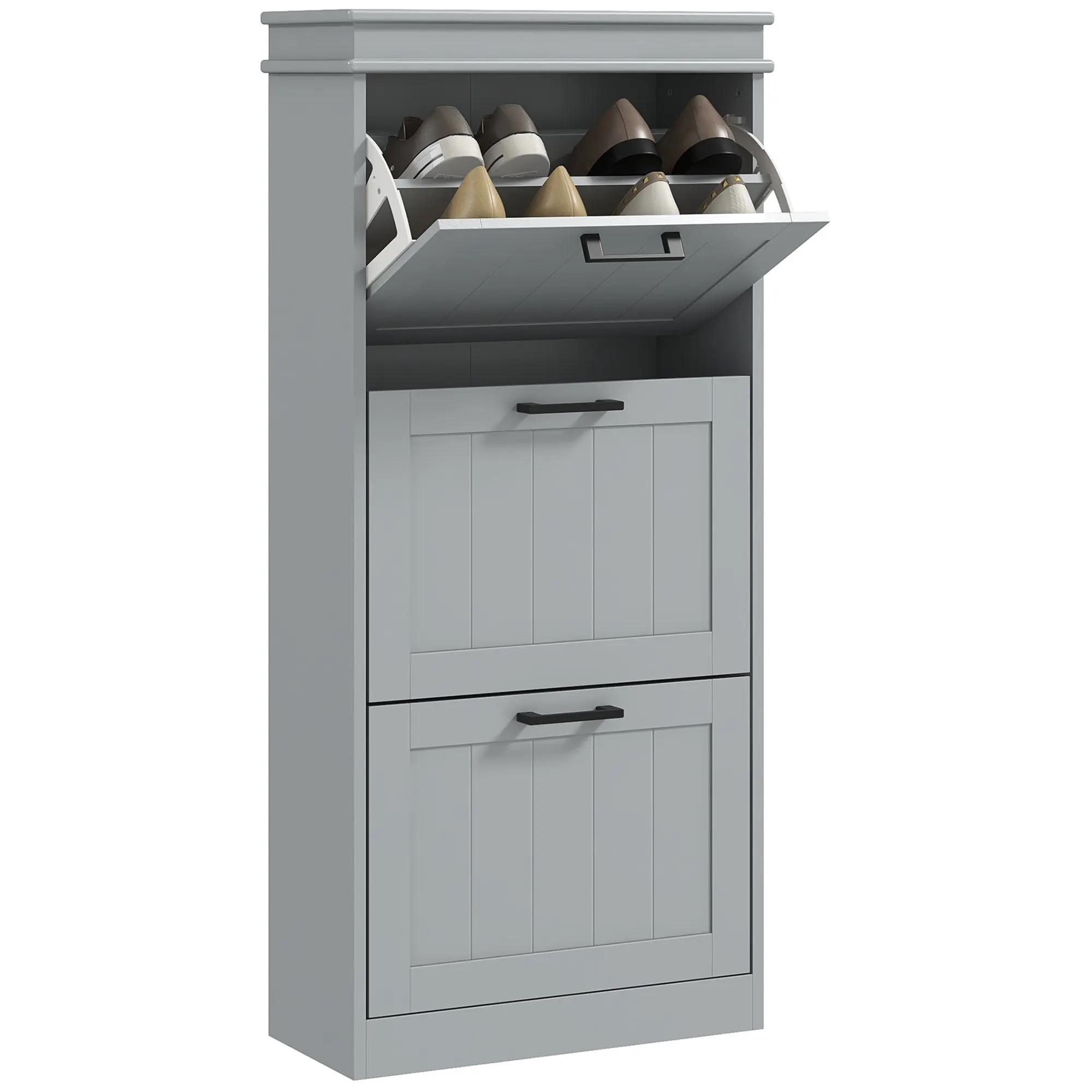 Slim Shoe Storage Cabinet with 3 Flip Drawers & Adjustable Shelves for 15 Pairs, Grey