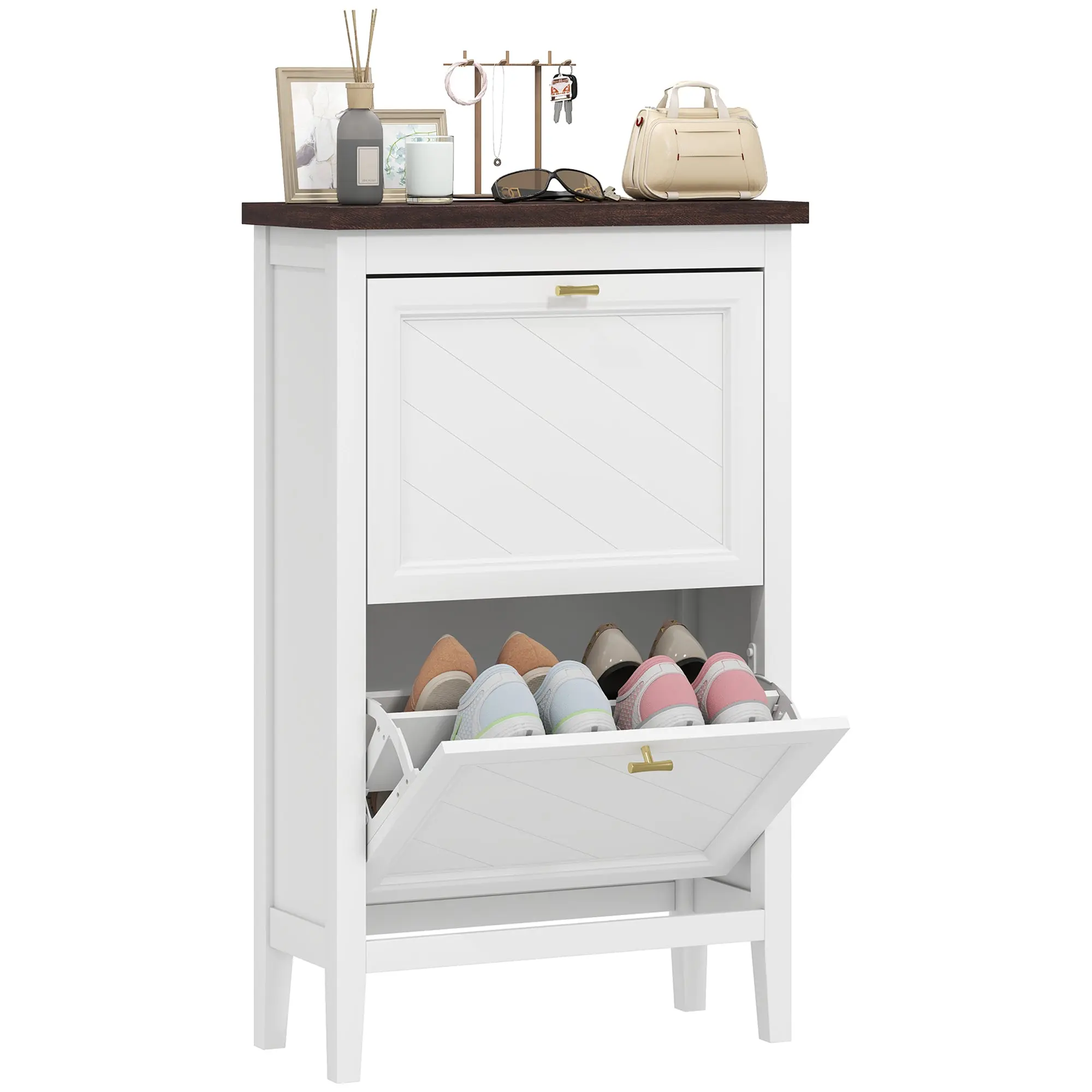 Narrow Shoe Cabinet with 2 Flip Drawers, Adjustable Shelf, Fits 8-12 Pairs White