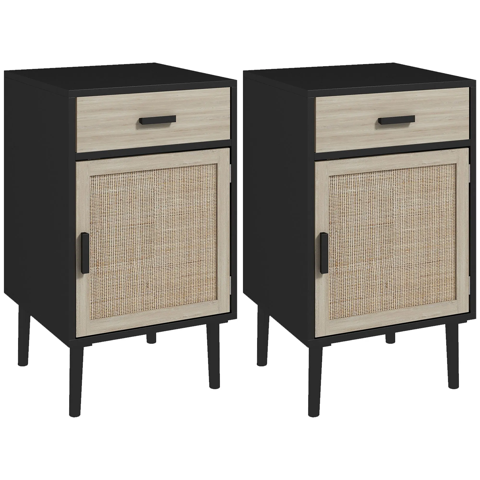 Boho Nightstands Set of 2, Rattan End Tables w/ Drawer, Cabinet & Adjustable Shelf, Black