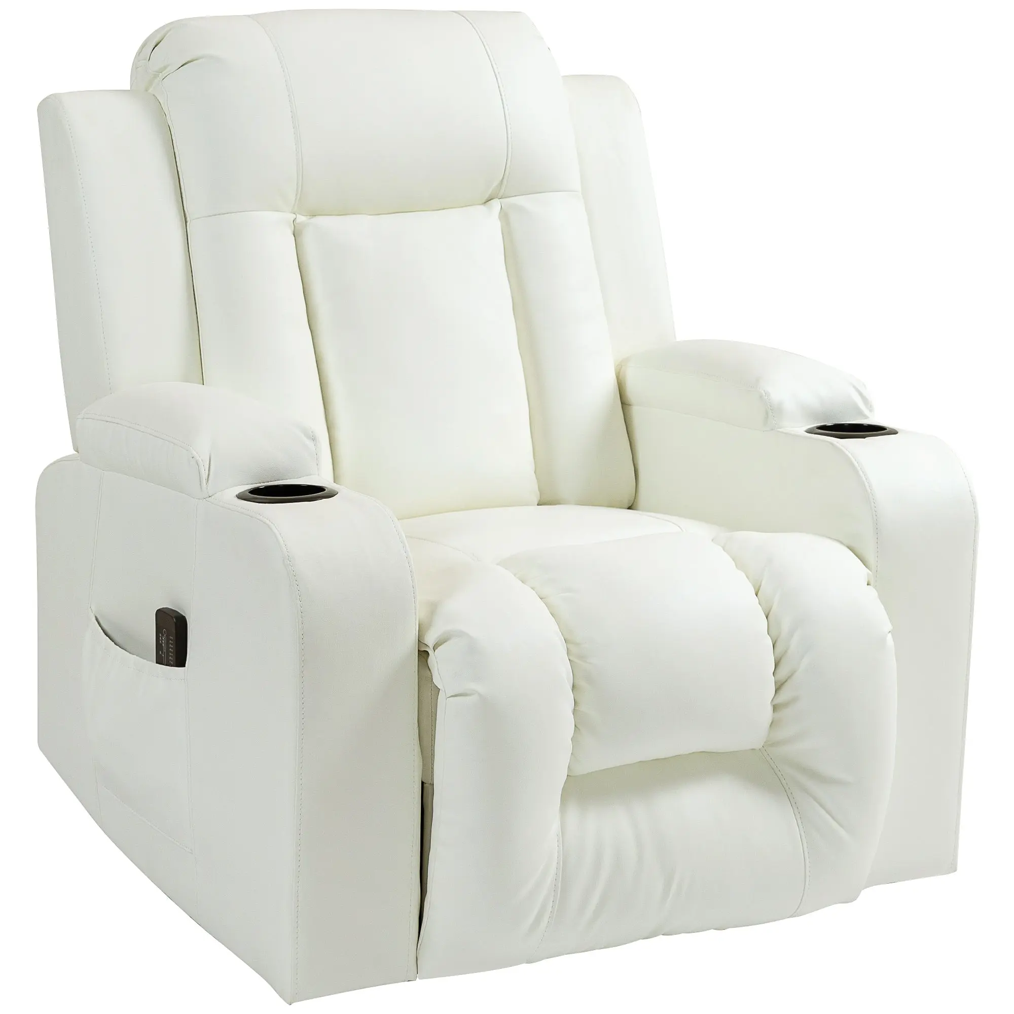 Overstuffed PU Leather Massage Swivel Recliner with Cup Holders Cream White