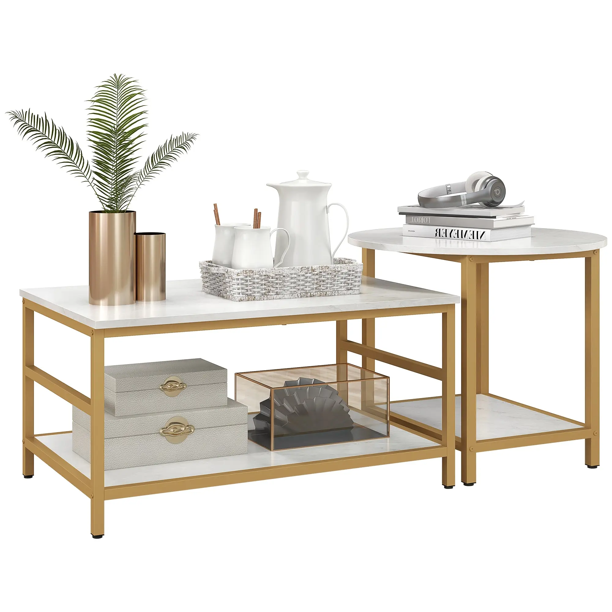 2PC Faux Marble Coffee Table Set, Rectangle & Round Living Room Tables with Storage, Gold