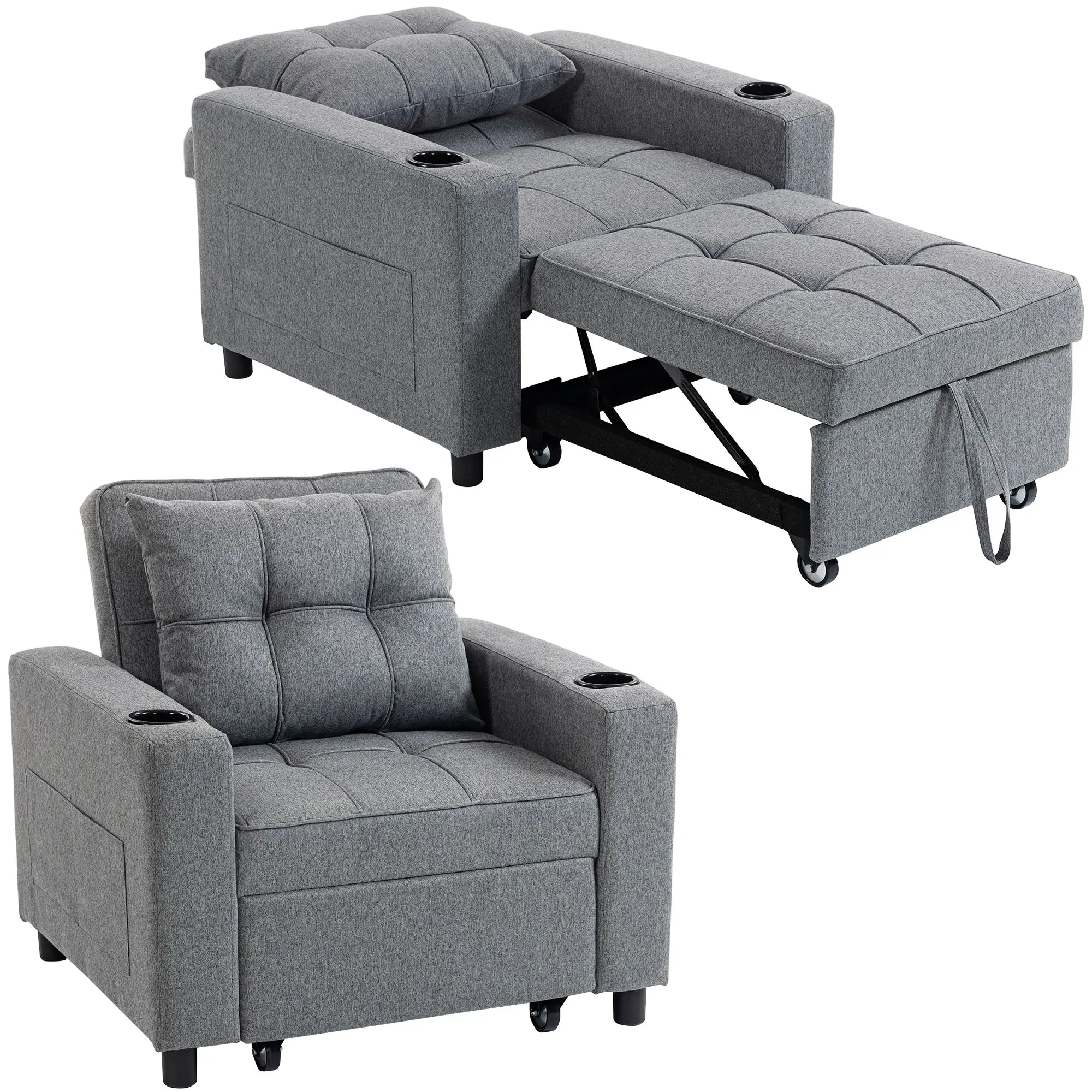 3-in-1 Reclining Sofa Bed Chair with Cup Holders & Side Pockets, Dark Grey
