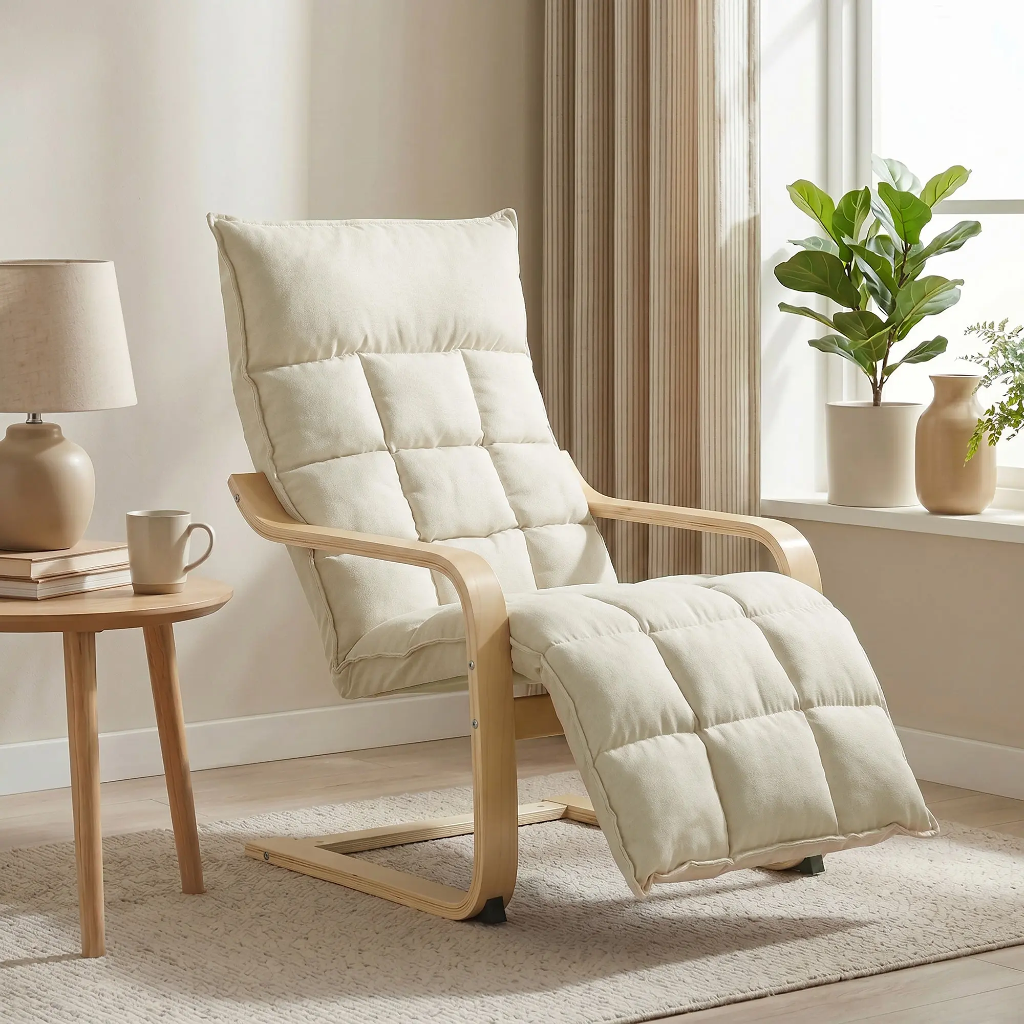 Linen-Look Accent Chair with Footrest, Plush Cushion, High Back, Cream White