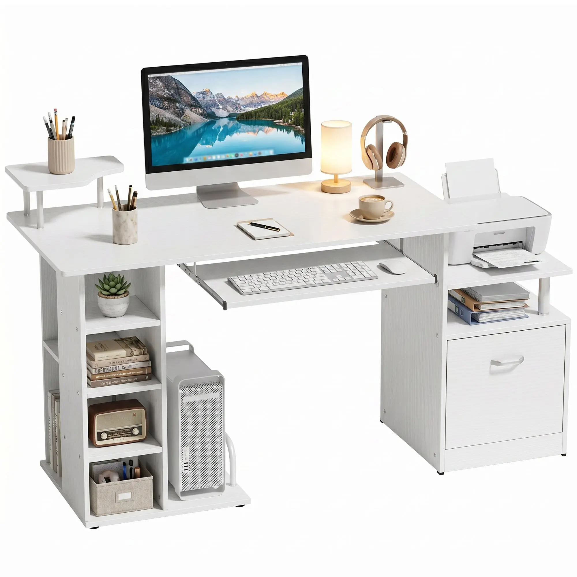 Computer Desk with Drawer, Shelves & CPU Rack for Home Office – 152 x 60 x 88 cm White Wood Effect
