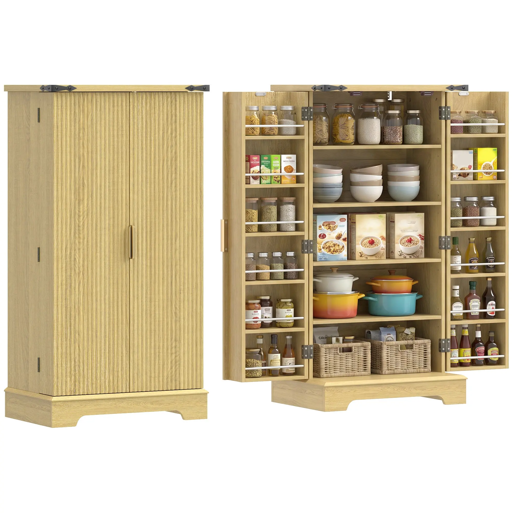 46" Fluted Kitchen Pantry Cabinet with Doors, Adjustable Shelves & Spice Racks
