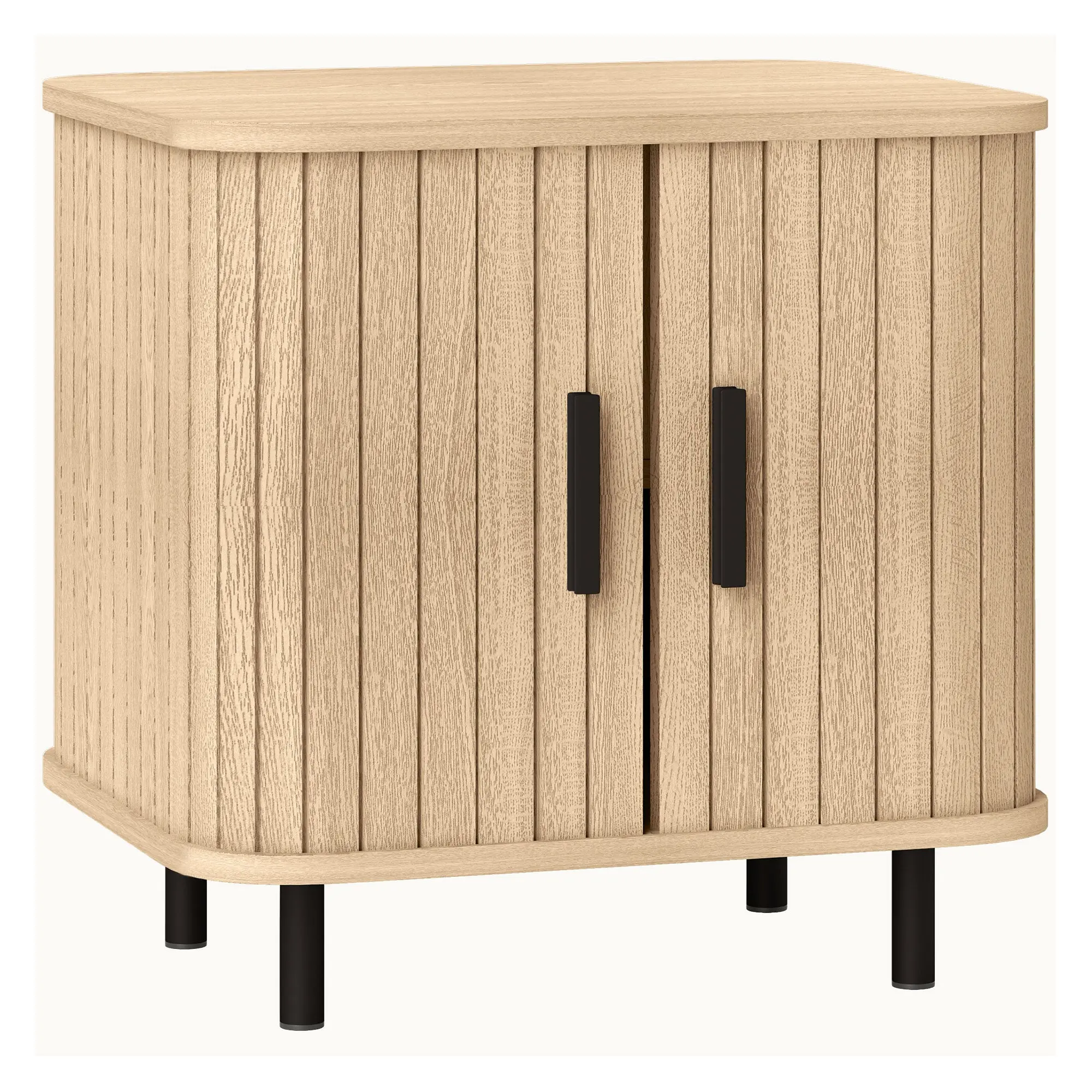 Bedside Table with Roller Shutter-Style Sliding Doors and Metal Legs, Oak Tone