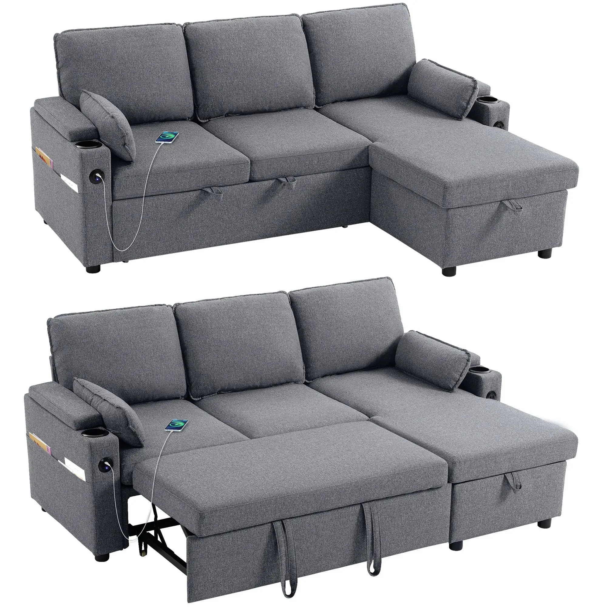 3-Seater L-Shaped Sofa Bed with Storage Chaise, USB & Cup Holders, Grey