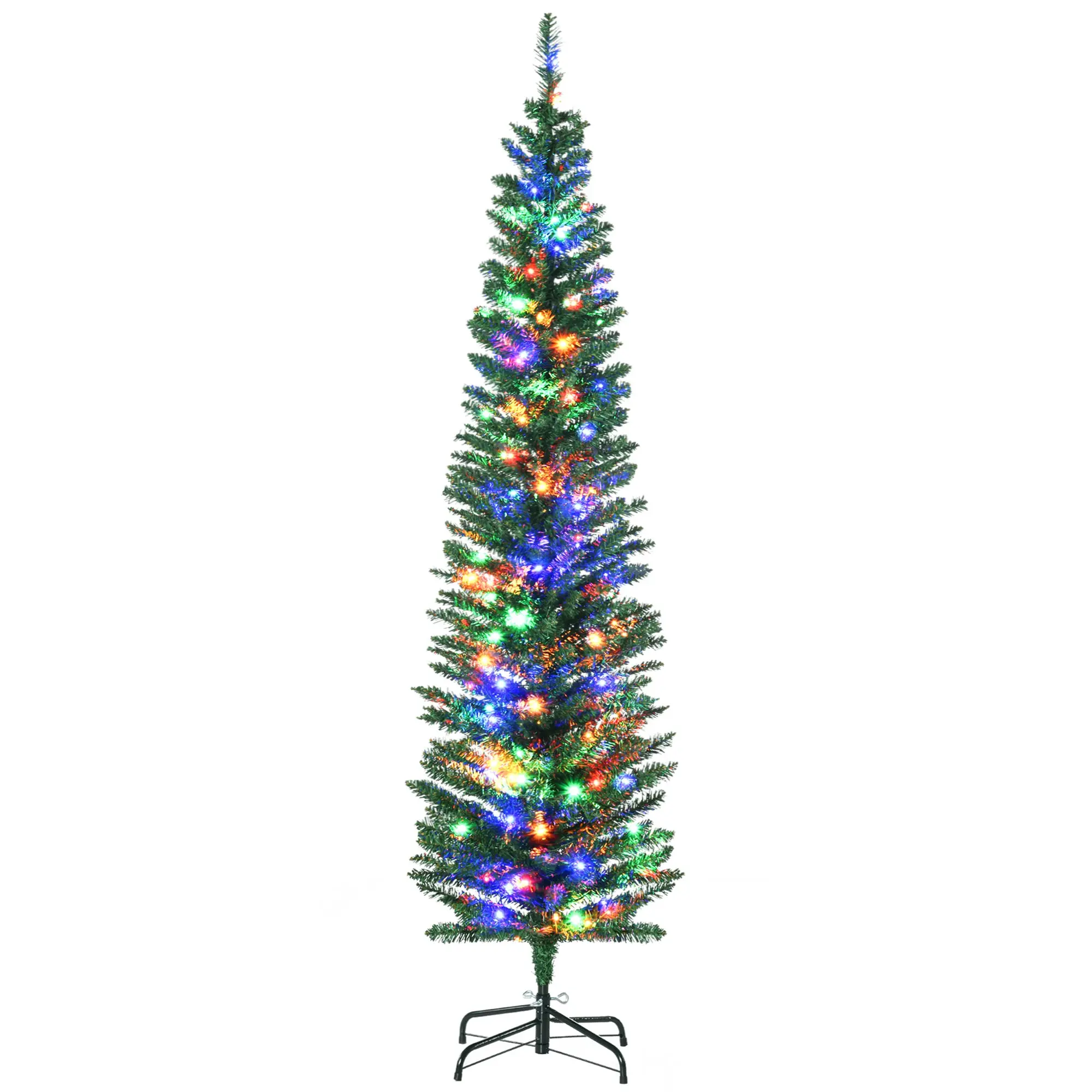6' Artificial Pencil Christmas Trees with Colorful LED Lights, Steel Base, Skinny Shape
