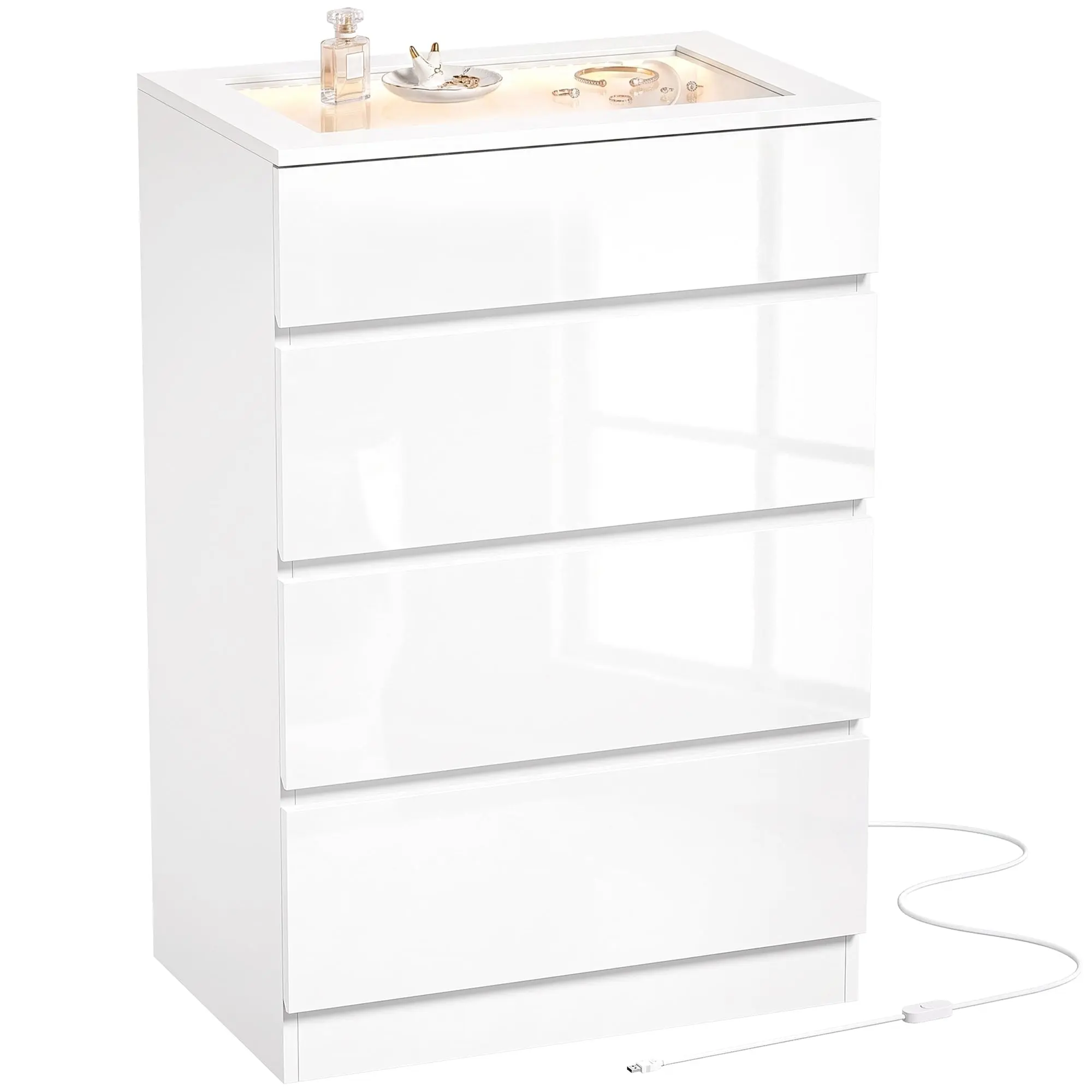 High Gloss 4 Drawer Chest with Glass Top RGB LED & Jewelry Tray 60x40x90cm White
