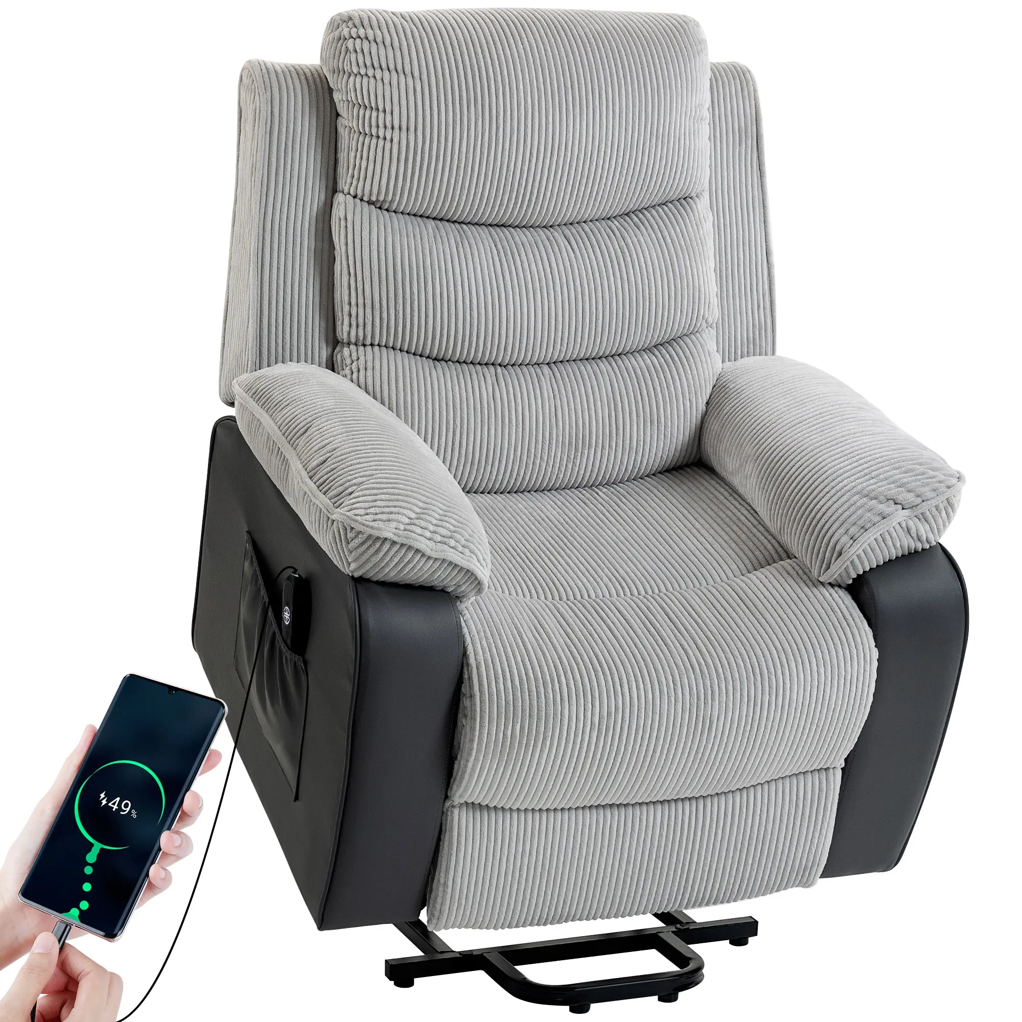 Corduroy Electric Riser Recliner for Seniors with Wide Seat & USB, Light Grey