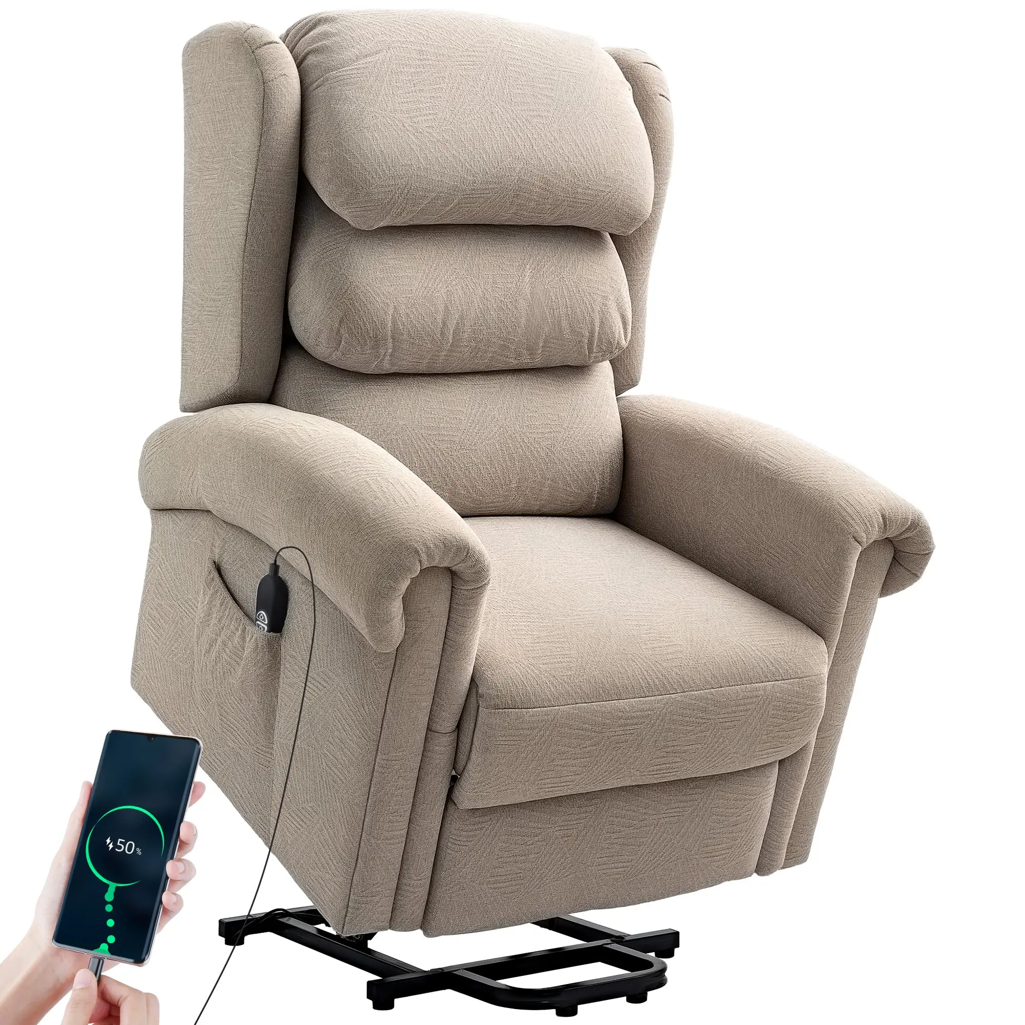 Electric Lift Recliner with Layered Padded Backrest, USB Port & Remote in Khaki