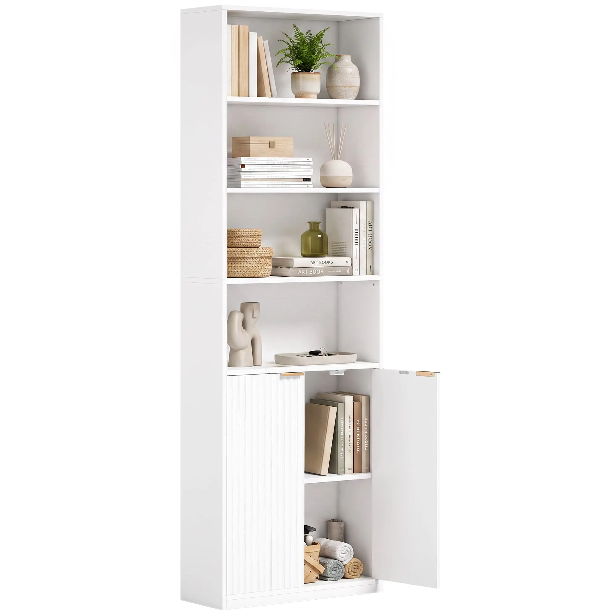 6-Tier Slim Bookcase with Cabinet & Adjustable Shelves 60 x 24 x 182 cm White