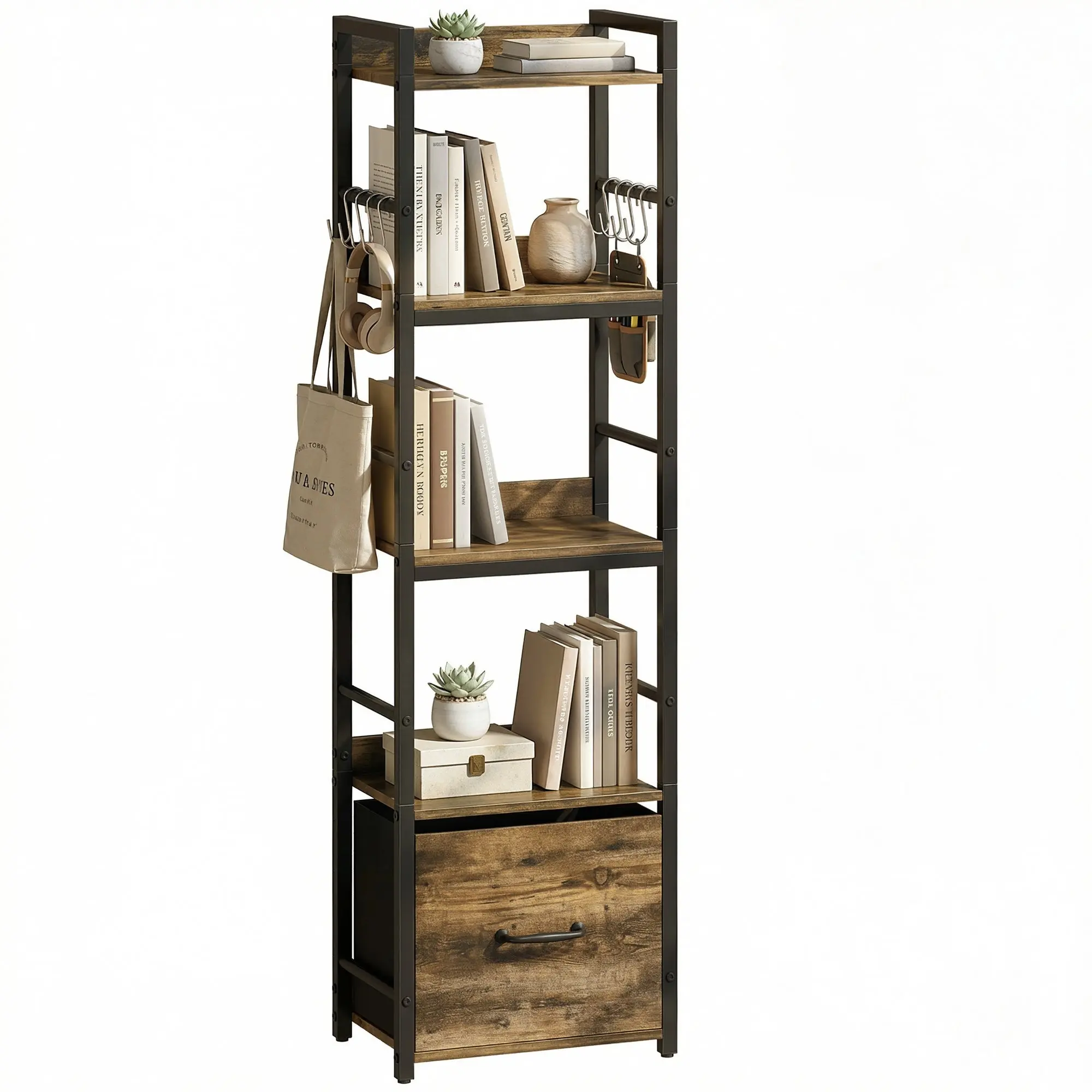 4-Tier Narrow Bookshelf with Drawer & 8 Hooks, 39x26x136.5 cm Rustic Brown