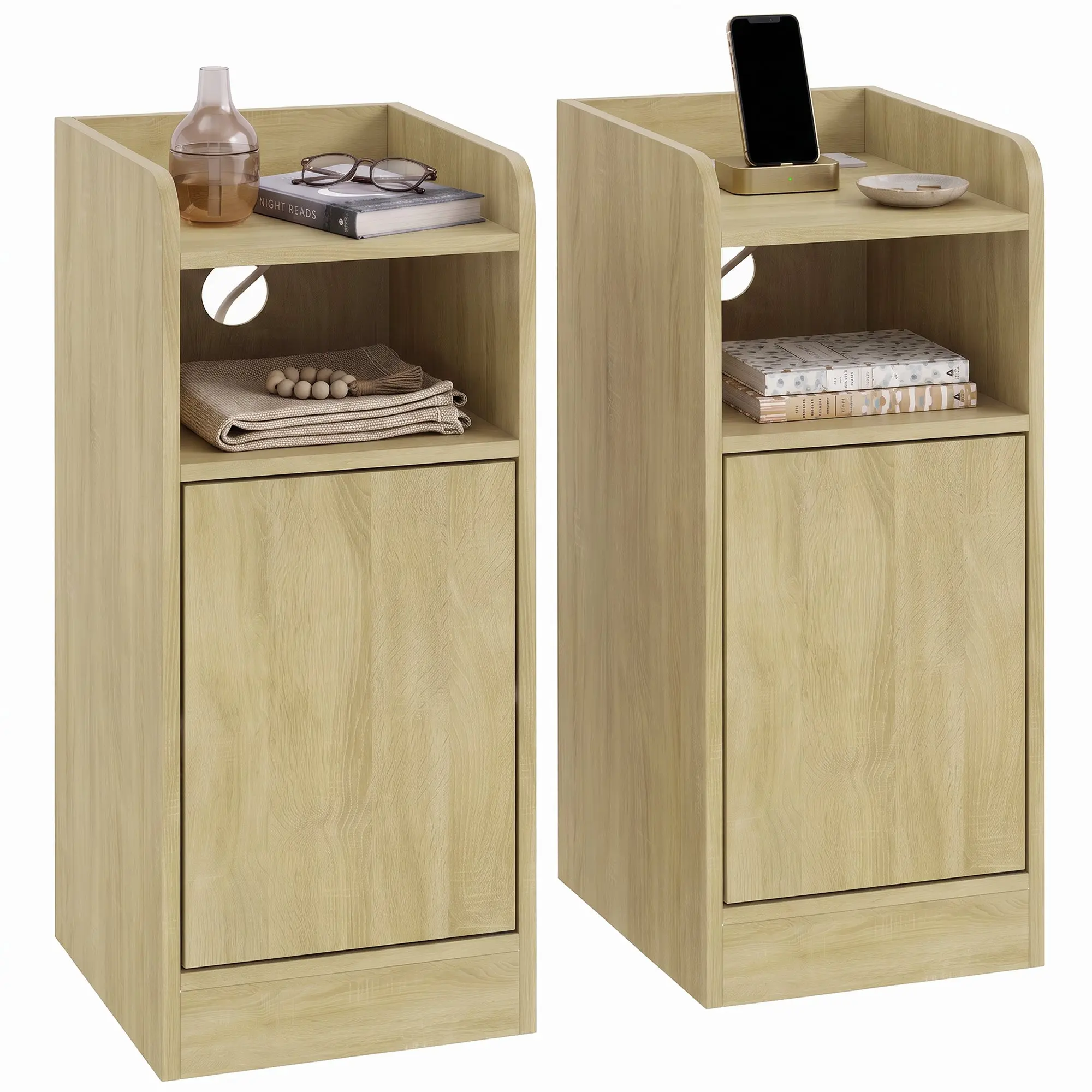 Slim Bedside Table Set of 2 with Charging Station, Open Shelf & Cupboard Oak