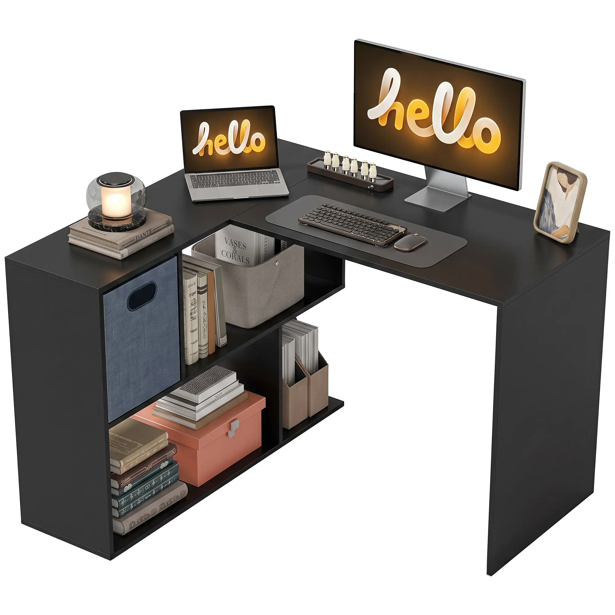 110 cm L-shaped desk with fabric drawer and shelves for home office, Black