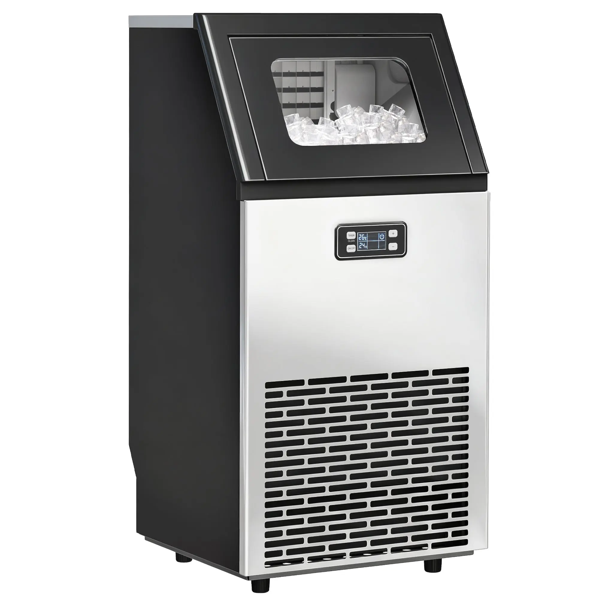 Commercial Ice Maker Machine, Freestanding Stainless Steel Ice Machine with Self-Cleaning, LCD Display, 45kg/24 Hours and 11kg Storage for Home, Office, Bar, Restaurant