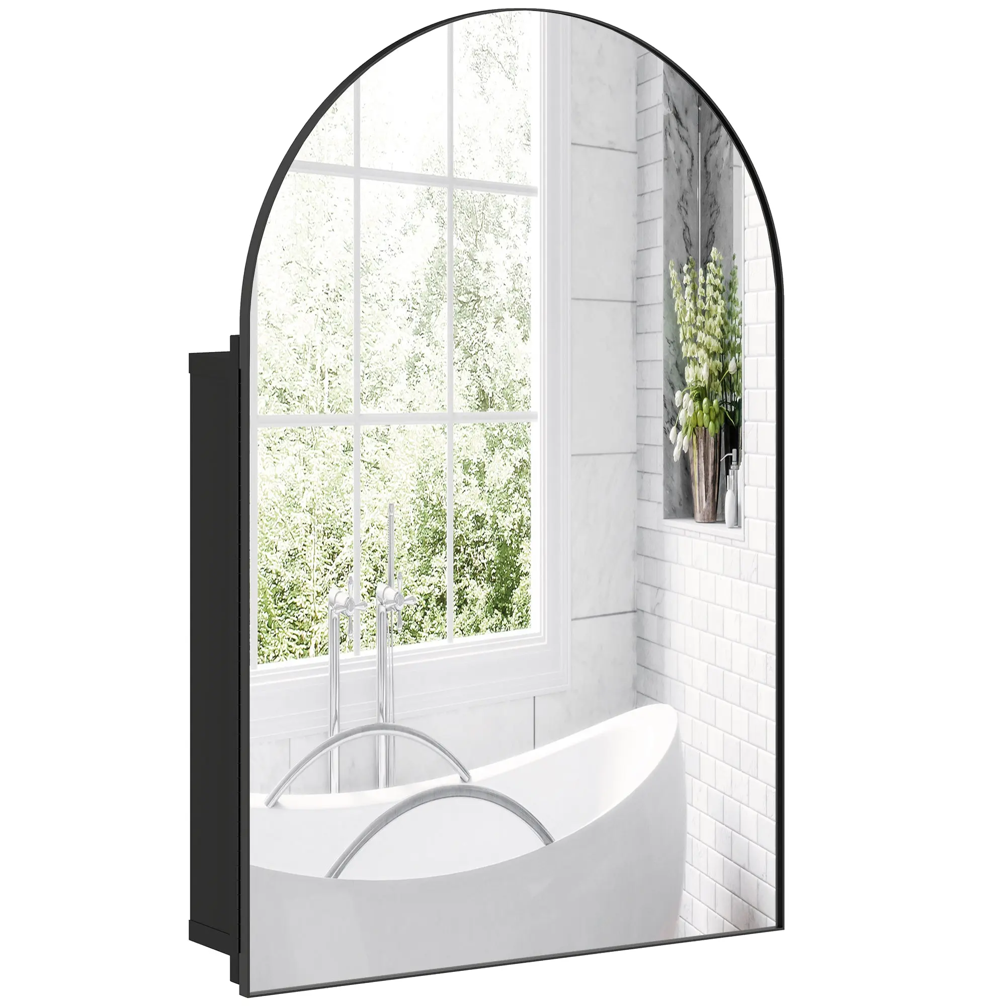 Arched Bathroom Mirror Cabinet, Bathroom Wall Cabinet with Mirror and Storage Shelves, 50 x 76 cm, Black