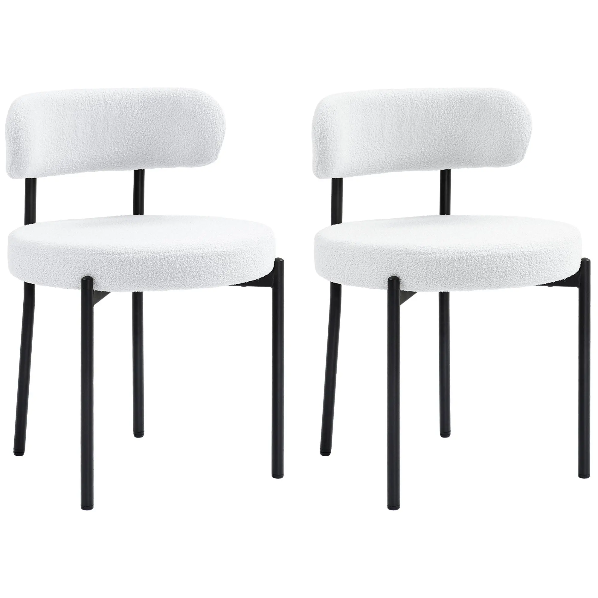 Set of 2 Modern Dining Chairs with Berber Fleece Upholstery & Steel Legs, Cream White