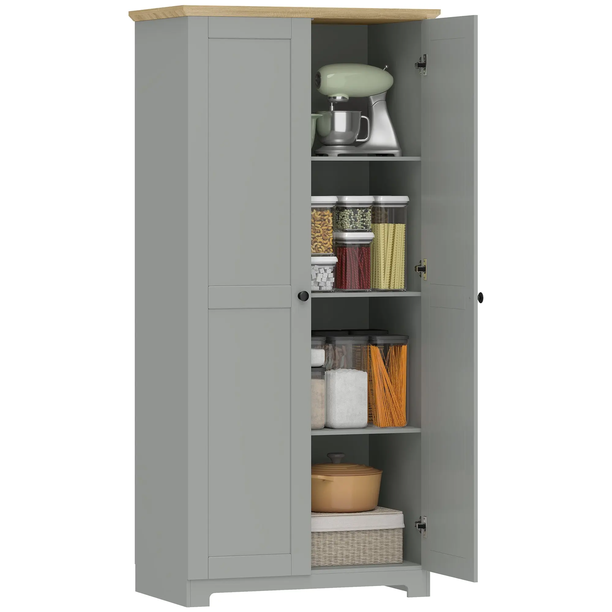 172cm Freestanding Kitchen Pantry Cupboard with 2 Doors and Shelves, Grey