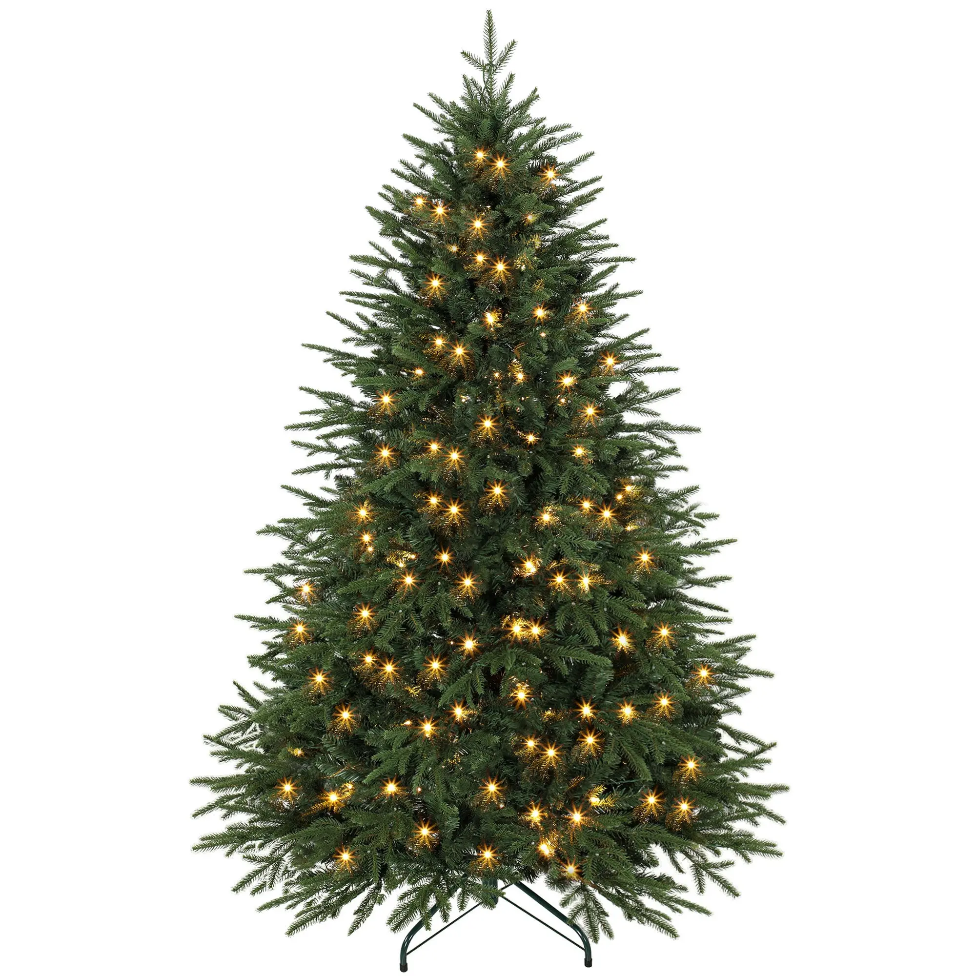 6ft Prelit Christmas Tree, Wide Spruce, Artificial Hinged Xmas Tree with 300 Warm White LED Lights, 2345 Tips, Foldable Metal Stand for Holiday, Green