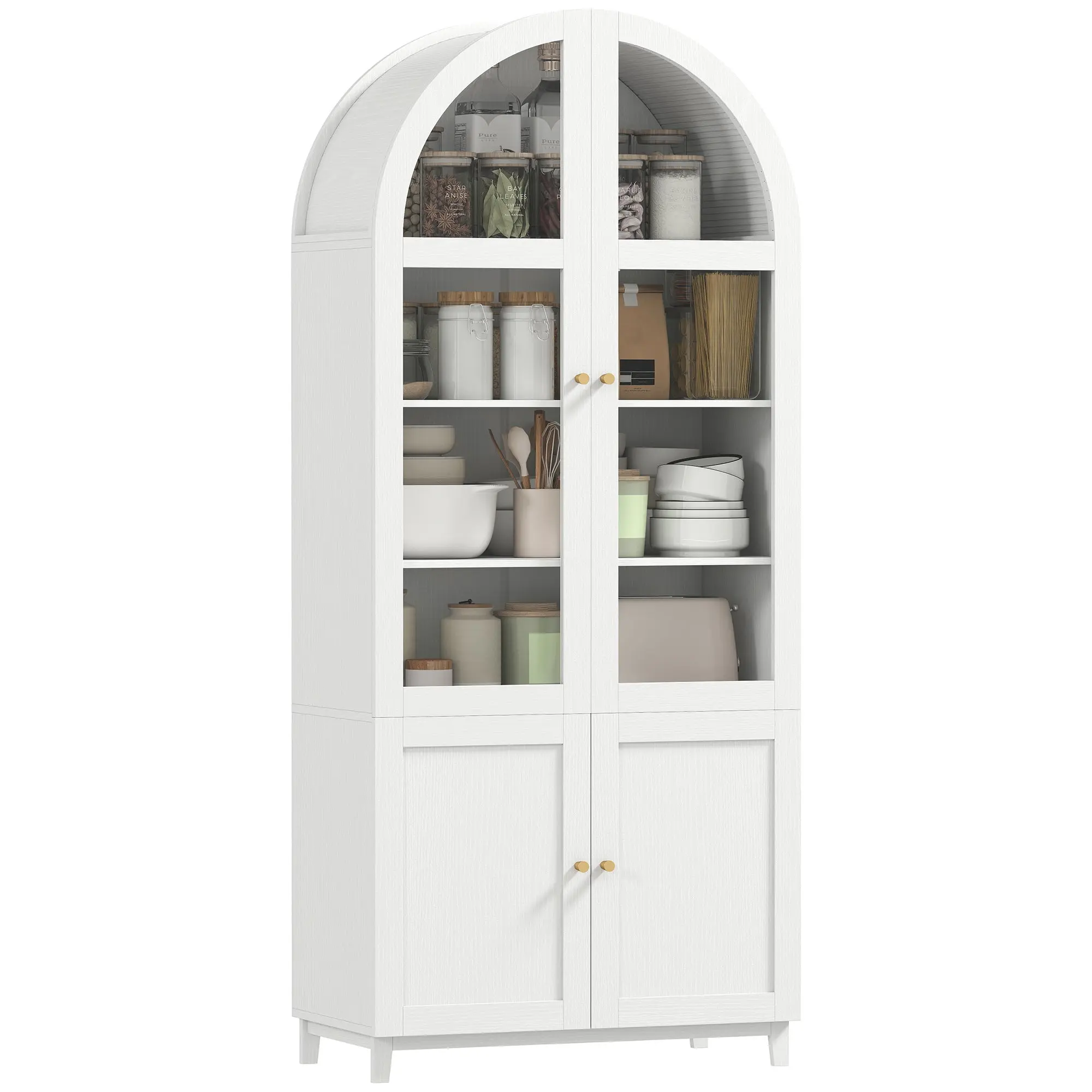 71" Tall Arched Pantry Cabinet with Adjustable Shelves & Acrylic Doors, White