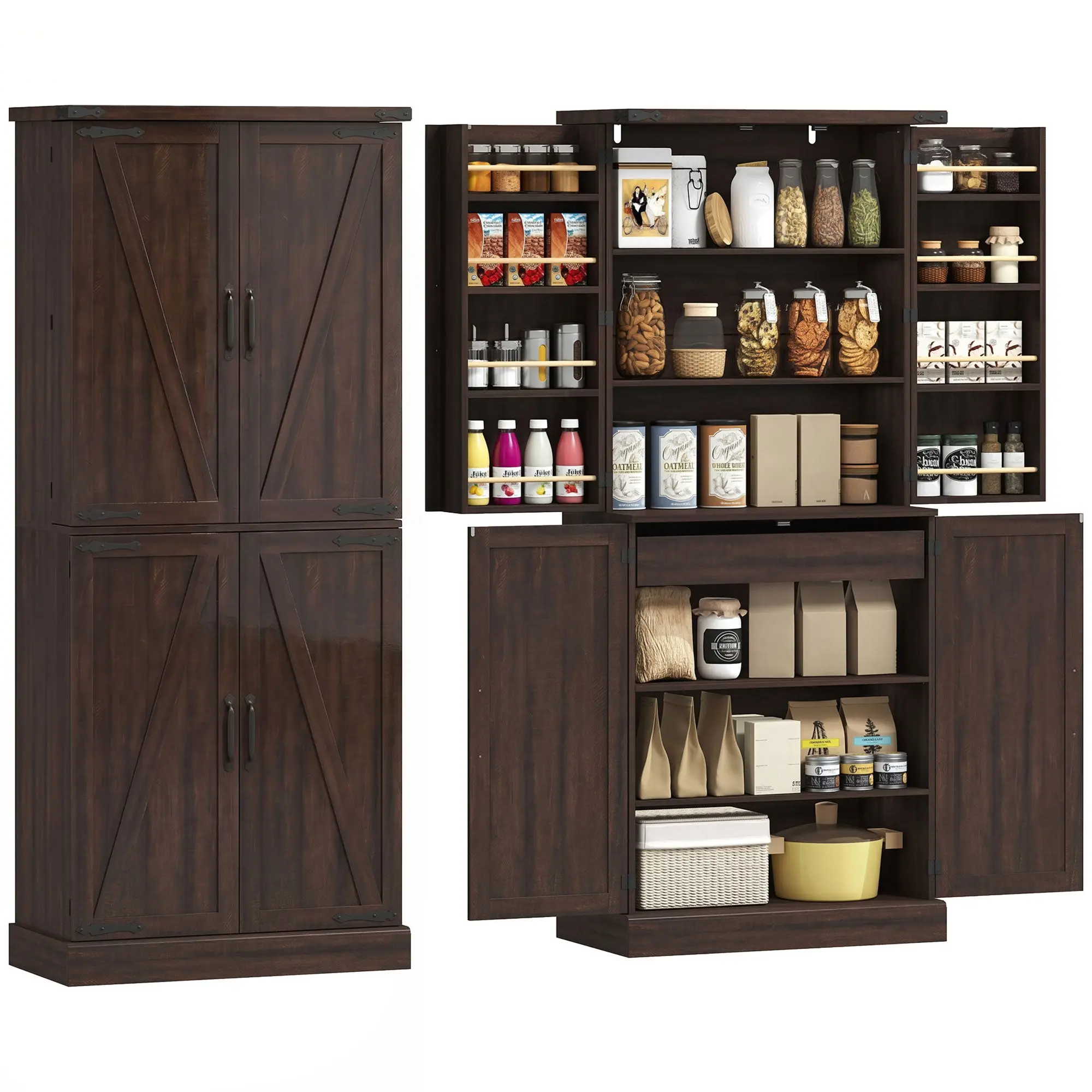 72" Tall Farmhouse Pantry with Barn Doors, 8 Shelves & Drawer, Distressed Brown