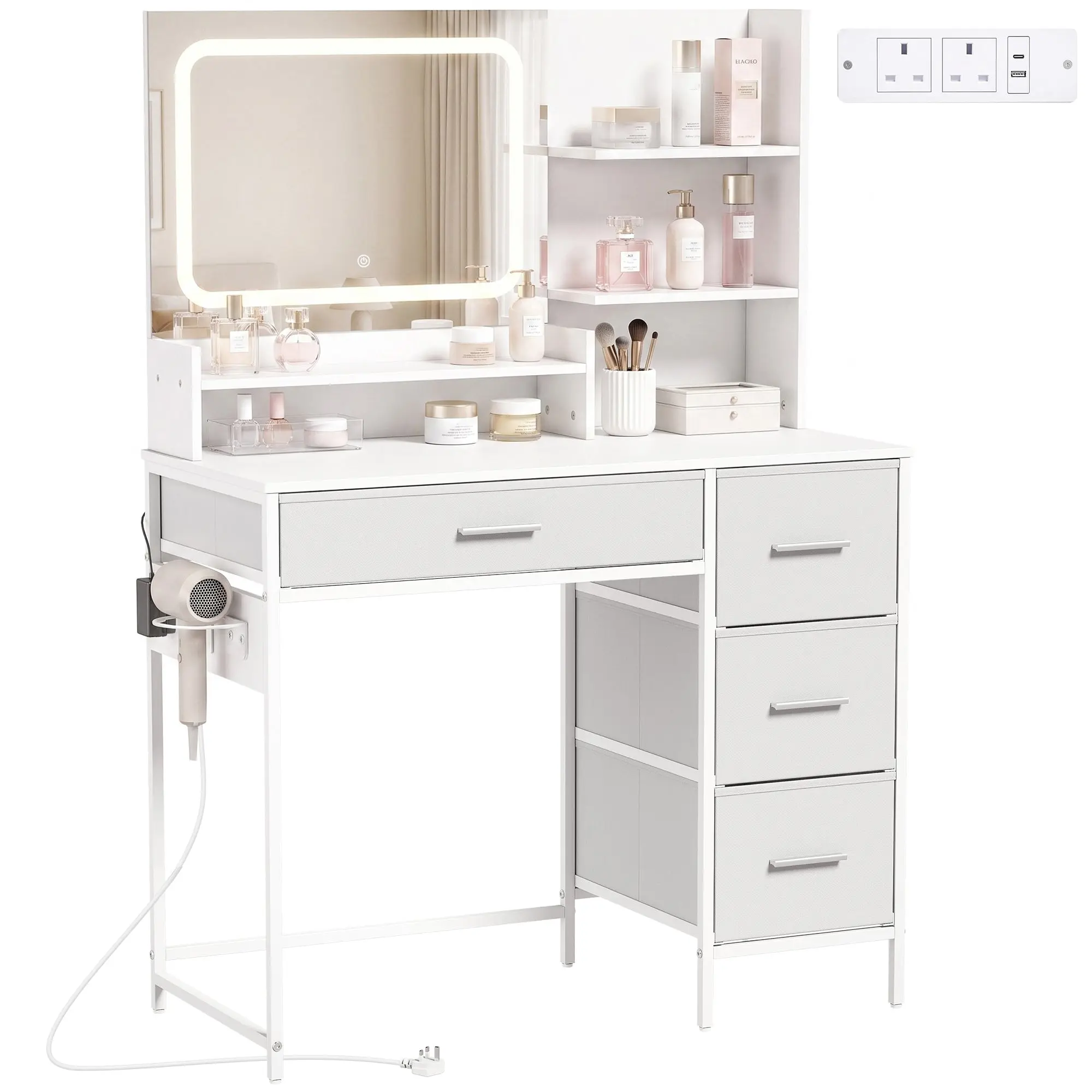Vanity Dressing Table with 3-Colour LED Mirror, Power Outlet, 4 Drawers, White