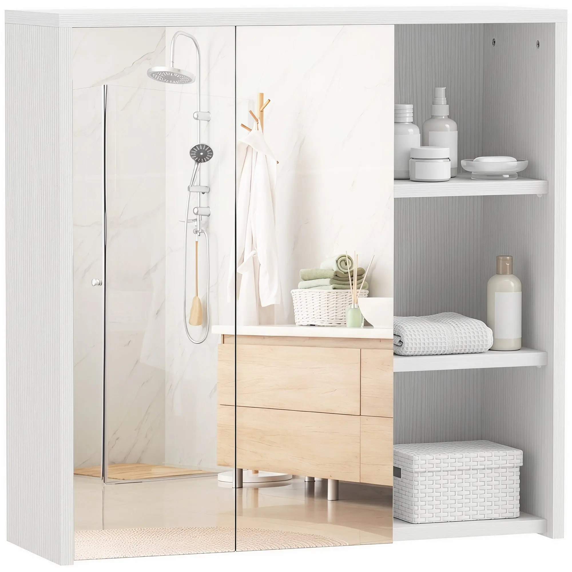 Medicine Cabinet with Mirror and Open Shelves, 2 Soft-Close Doors, White