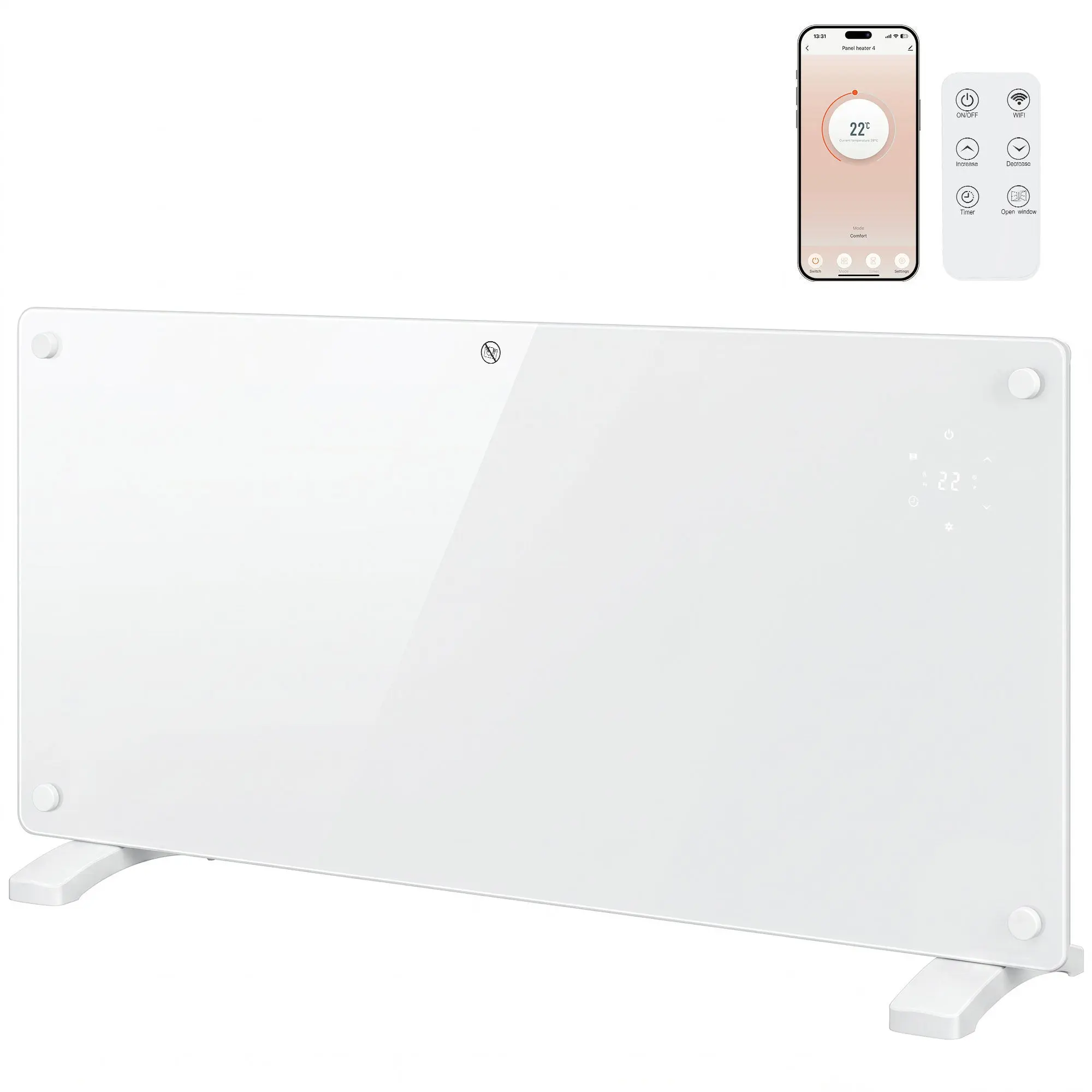Smart 2000W Glass Heater for Wall or Floor with WiFi & Voice, Timer, White