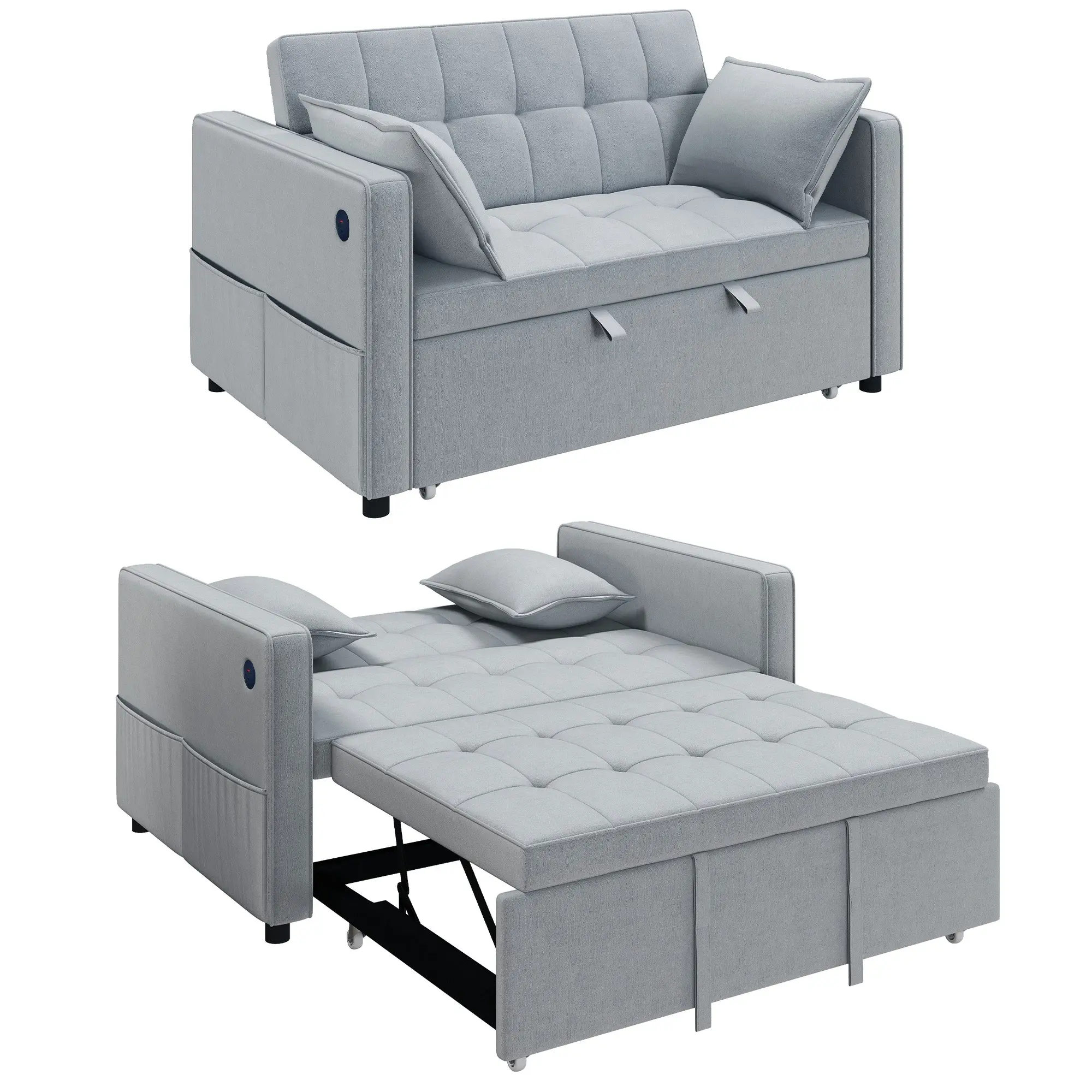 3-in-1 Convertible Sofa Bed, Pull Out Sleeper Sofa with USB Charging, Light Grey