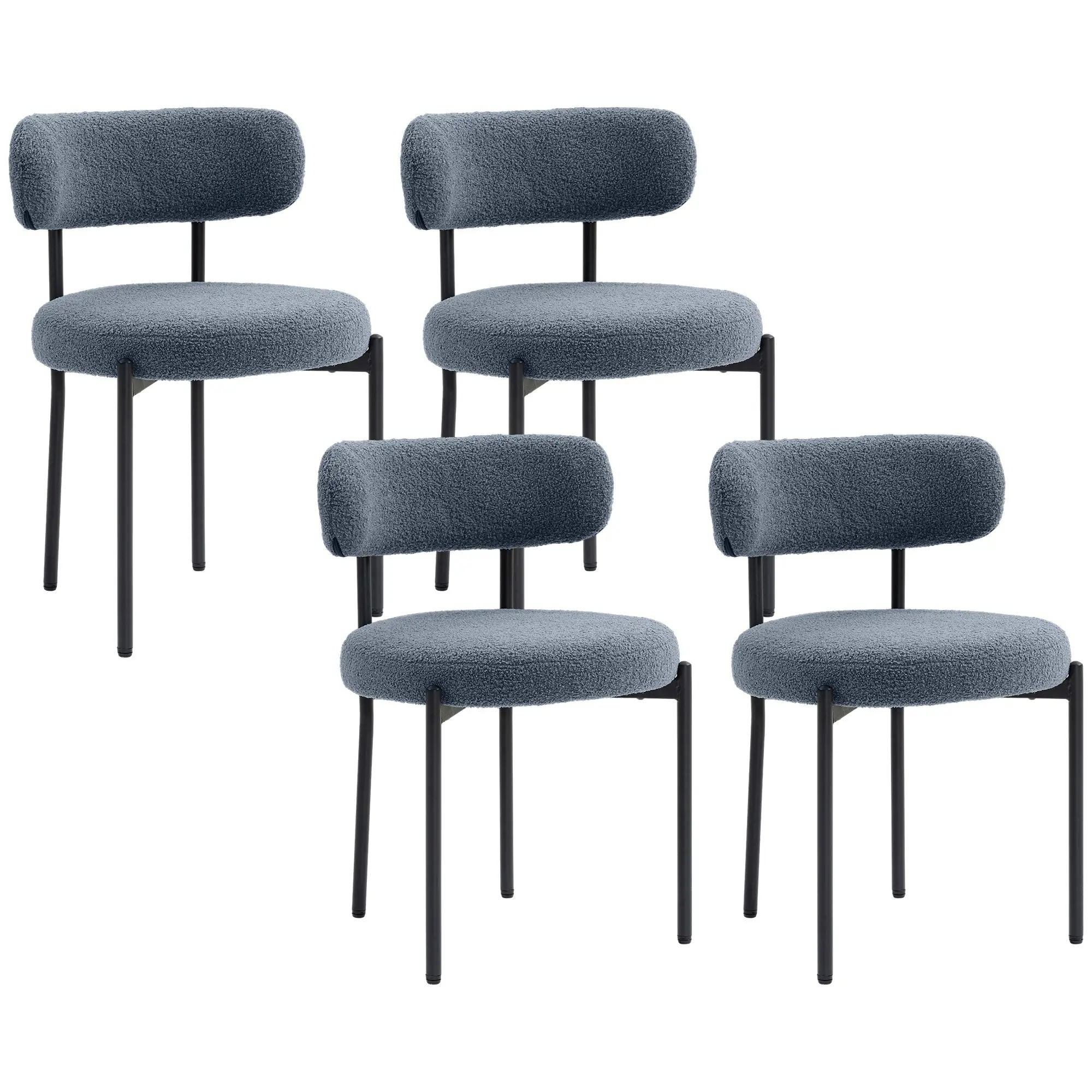 Set of 4 Boucle Dining Chairs with Curved Backrest and Thick Cushions, Gray