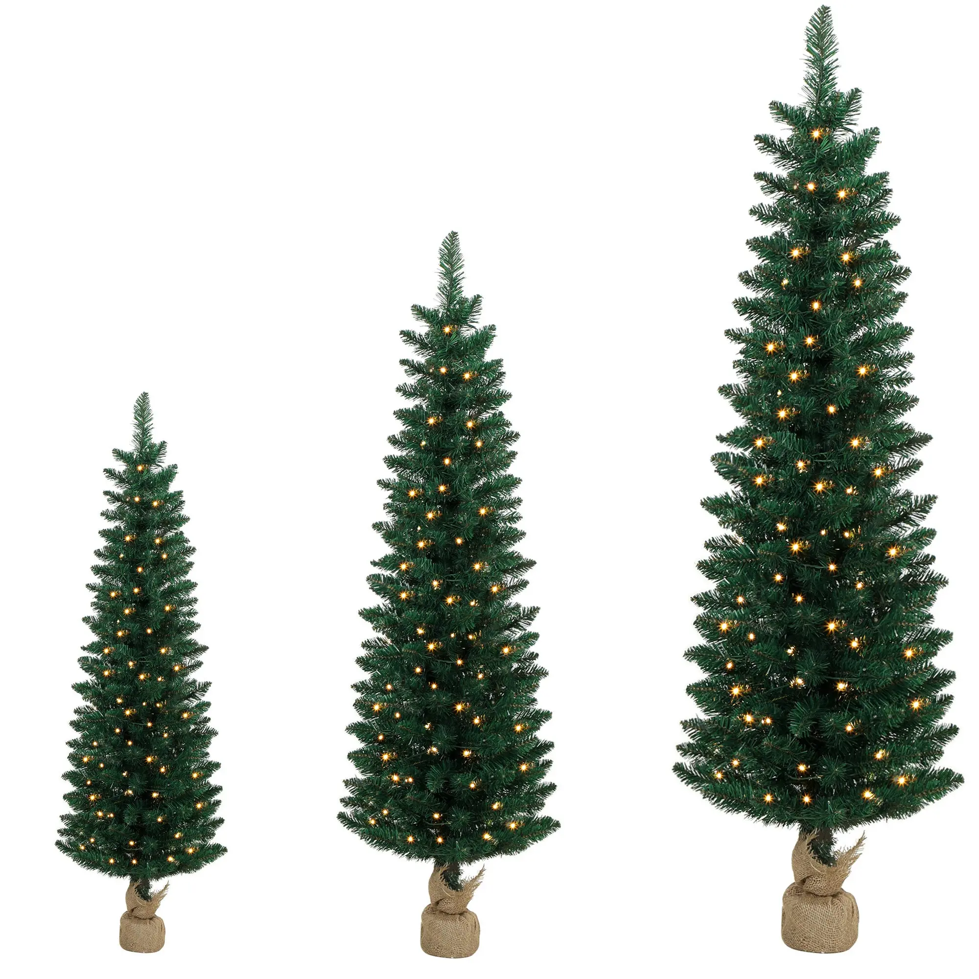 Slim Pre-Lit Pencil Christmas Tree Set of 3 with Warm White LEDs, 3/4/5ft Green