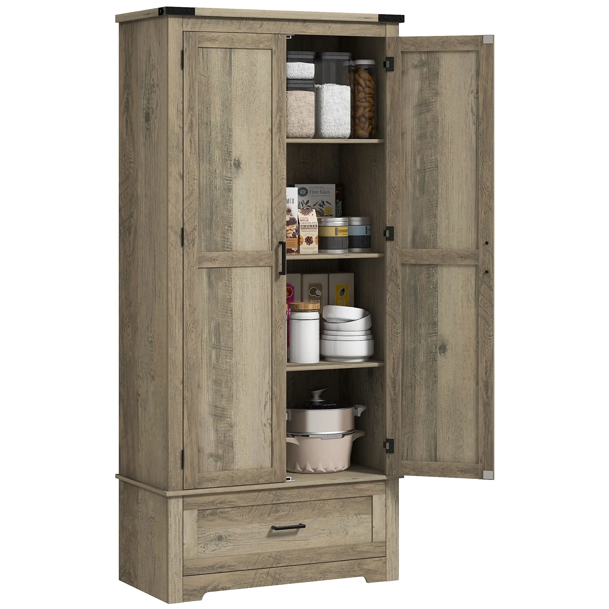 69" Tall Farmhouse Pantry Cabinet with 2 Doors Drawer & Adjustable Shelves, Grey