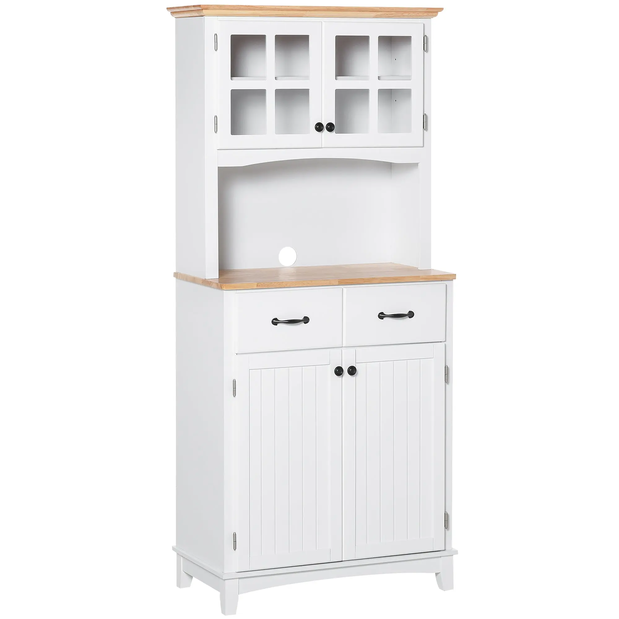 Freestanding Kitchen Cupboard, Kitchen Storage Cabinet with Framed Glass Doors, 2 Drawers, Microwave Counter, 172cm, White