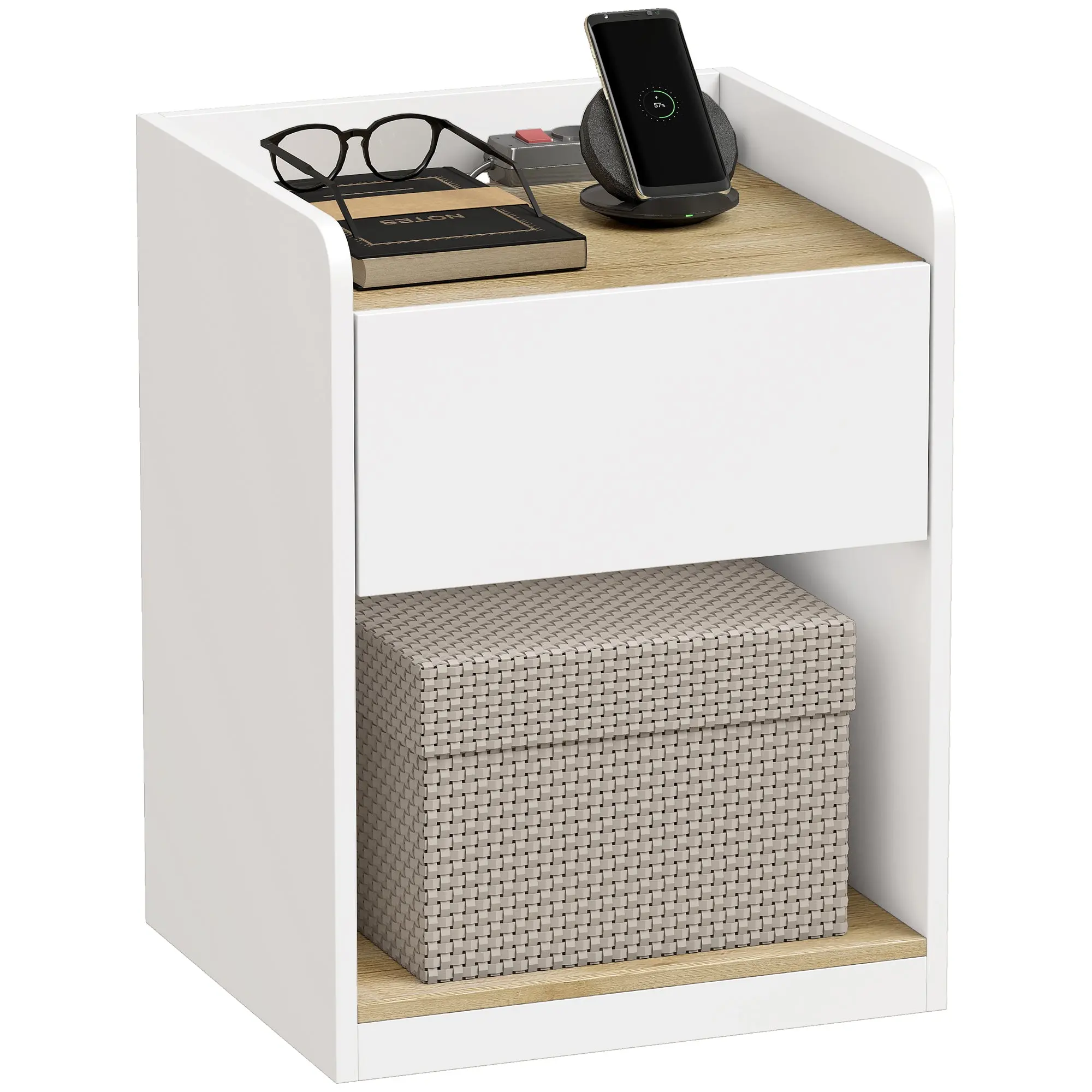 Slim Bedside Table with Drawer, Shelf and Cable Holes for Bedroom, White Oak