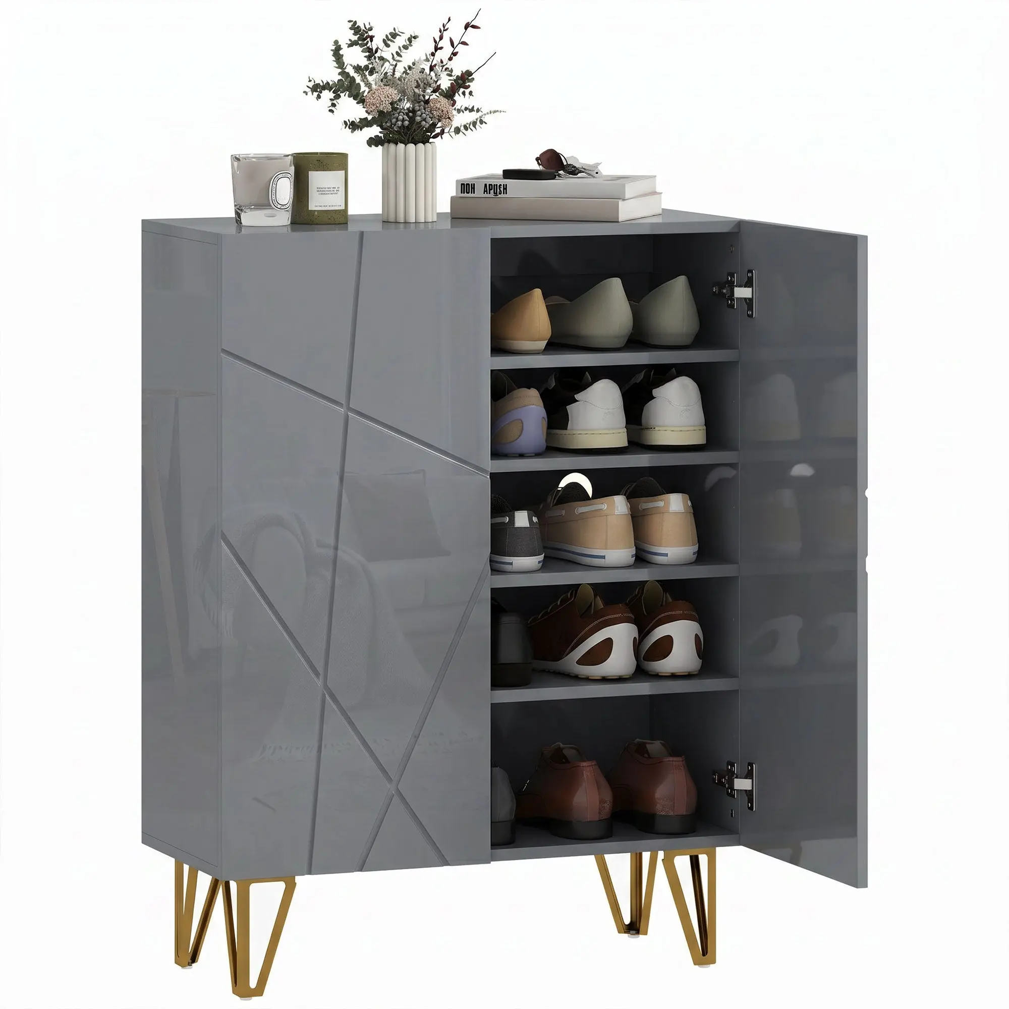 Narrow Shoe Cabinet with Soft-Close Hinges & Adjustable Shelves for 15–20 Pairs, Grey
