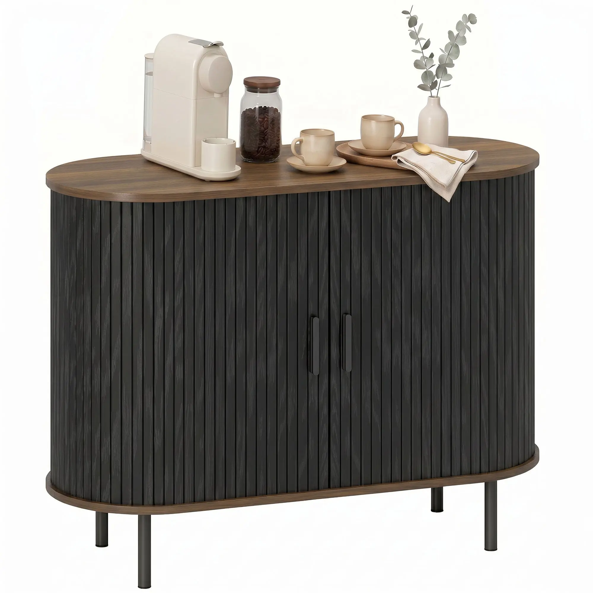 39.4" Sideboard with Tambour Doors, Shelving & Slots, Brown Wood Grain & Black