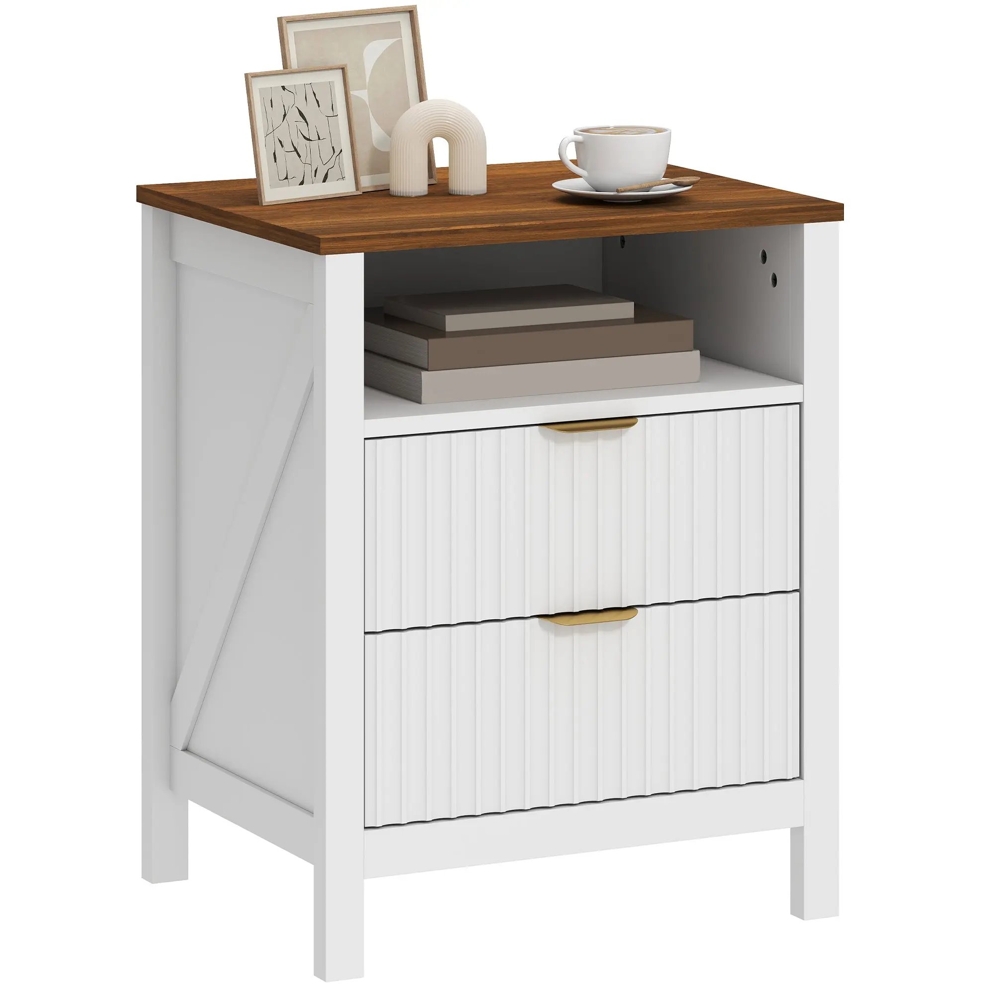Modern Nightstand with 2 Fluted Drawers, Open Shelf & Anti-Tip, White Walnut