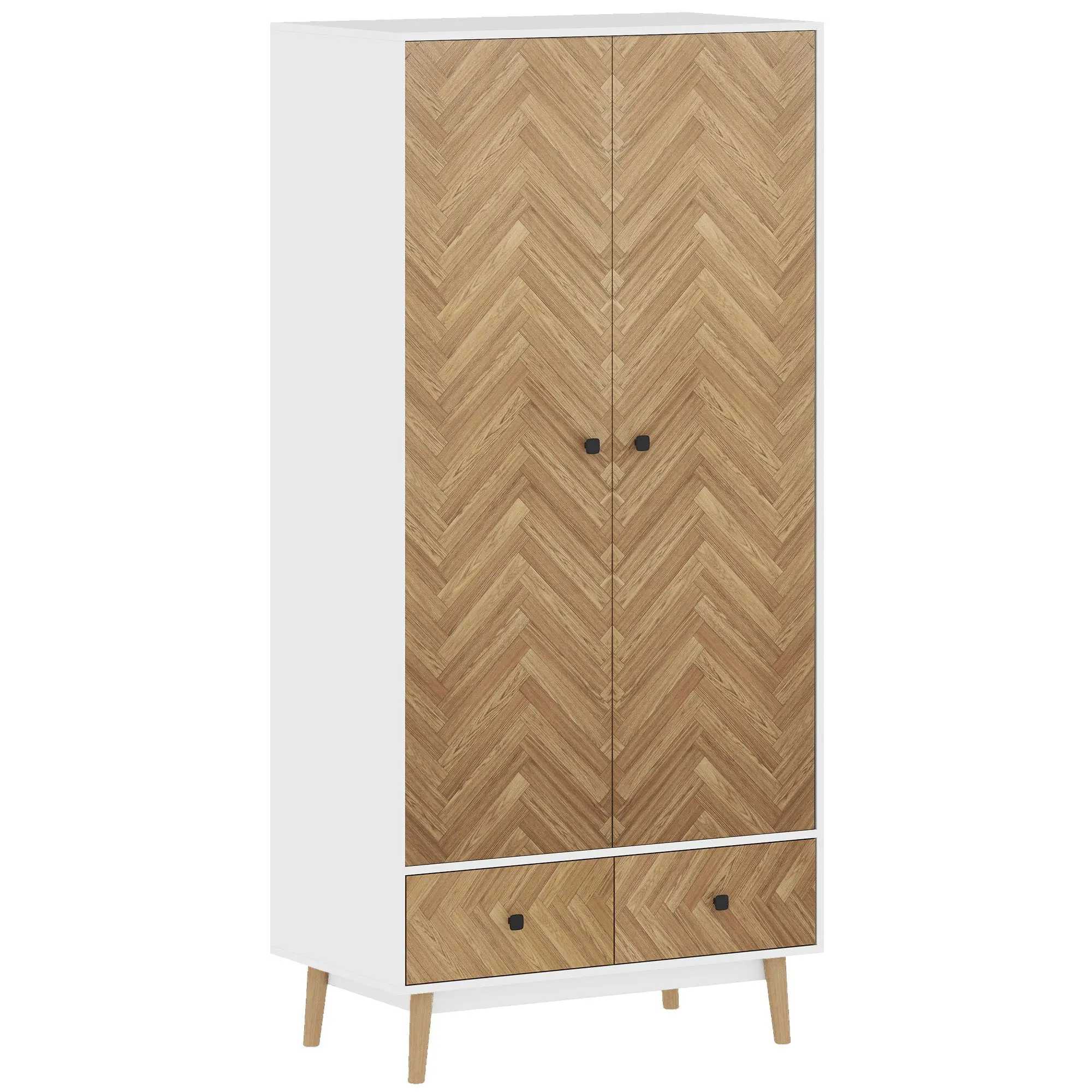 90x50x190 cm Wardrobe with 2 Rods, 2 Shelves & 2 Drawers in White & Natural