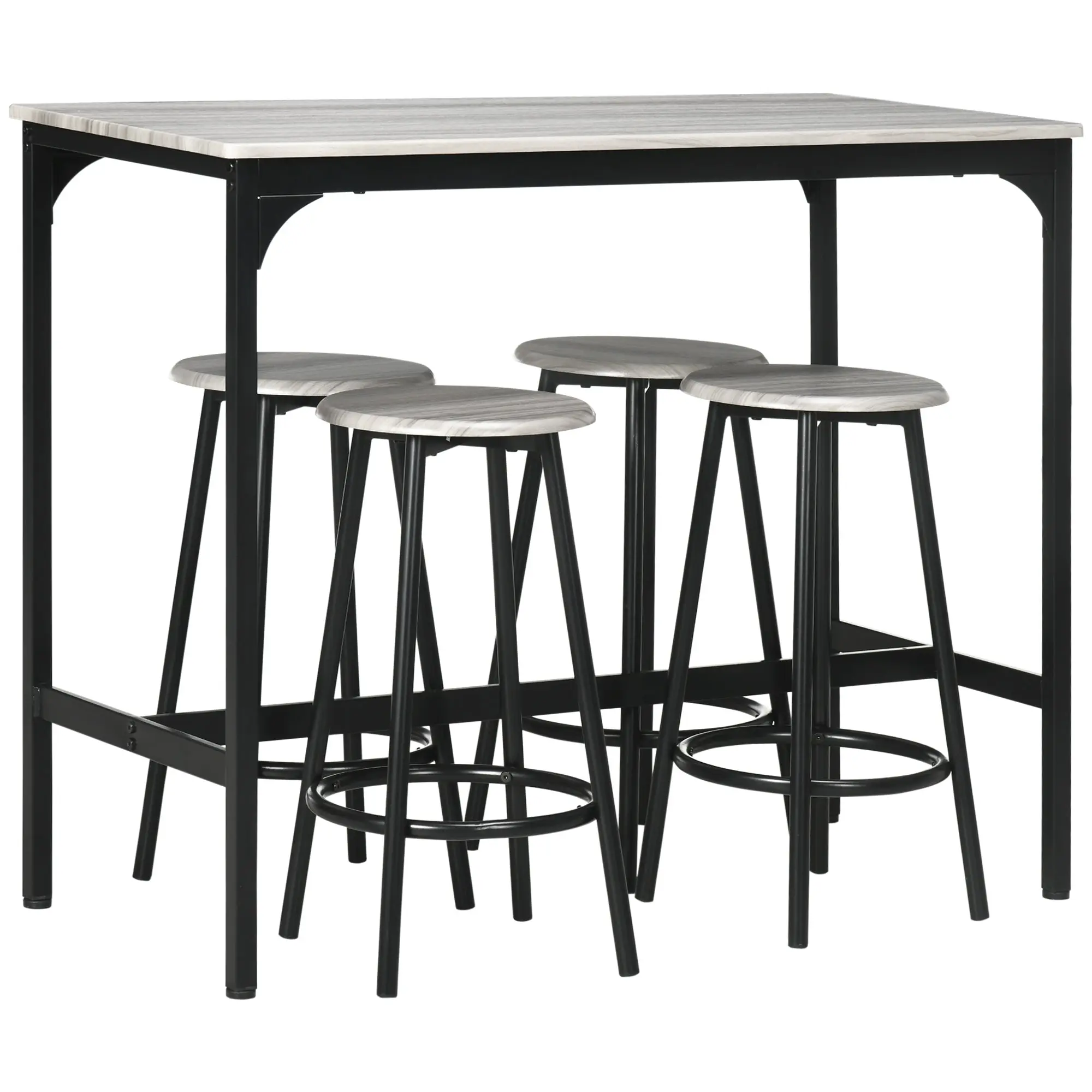 Five-Piece Bar Table Set with 4 Stools, Metal Frame & Footrest, Grey