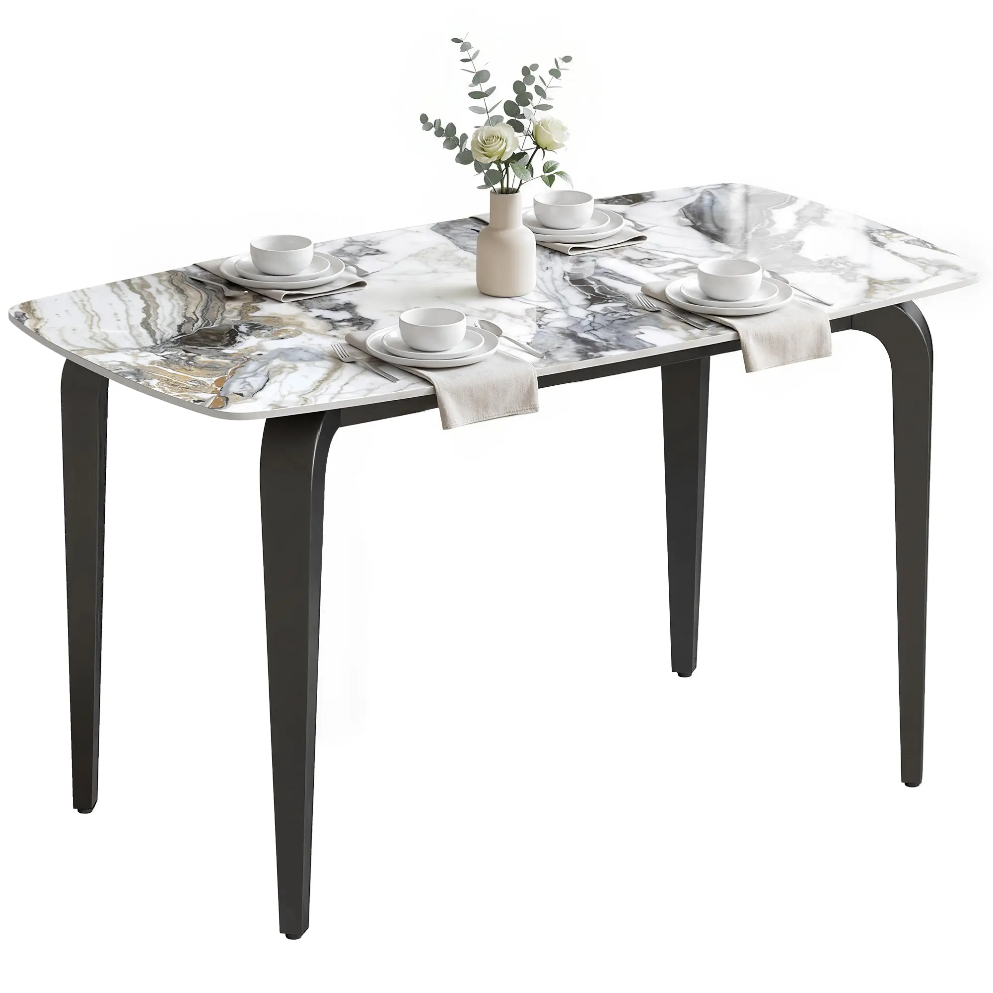 Dining Table for 4 130W x 70D x 75H cm with Sintered Stone Top, Metal Legs White