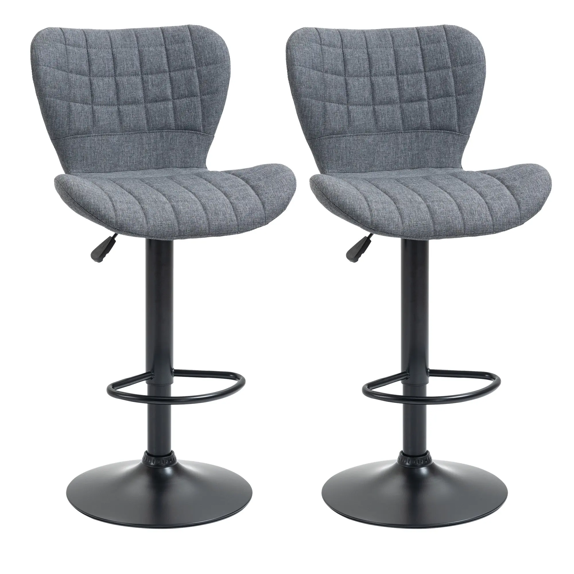 Set of 2 Adjustable Linen Swivel Bar Stools with Wide Seat, Grey